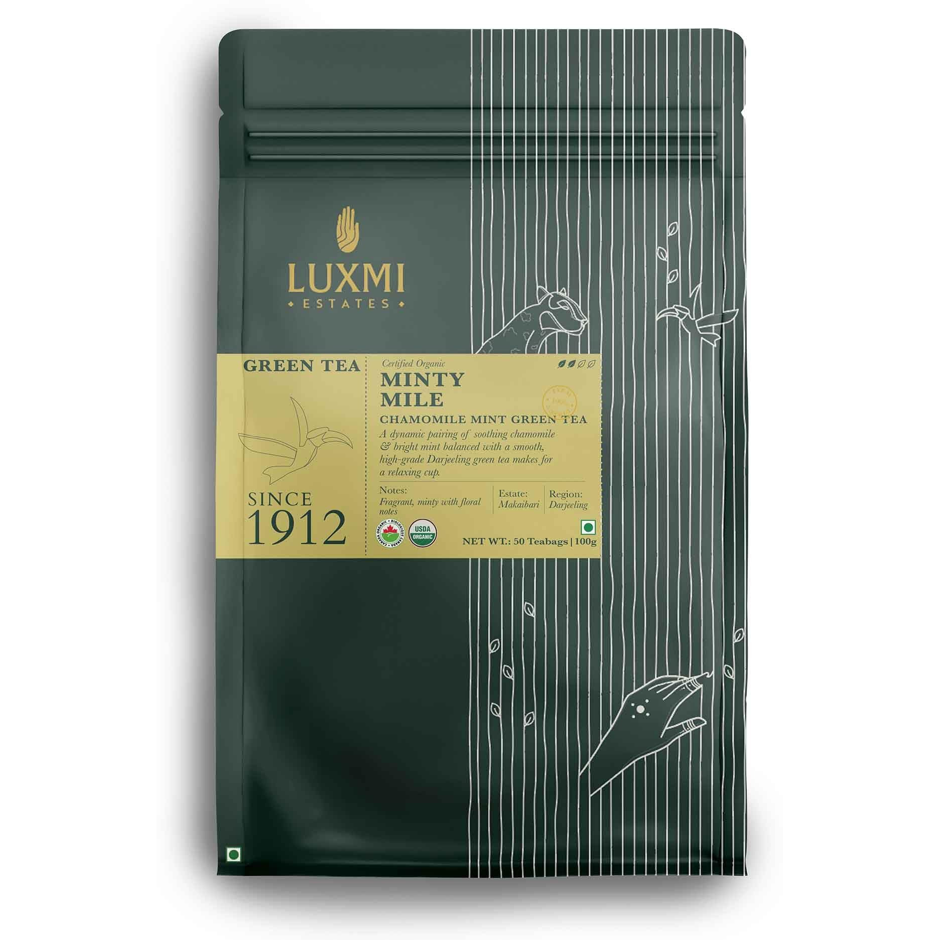 Luxmi Estates Minty Mile Chamomile Mint Green Tea 50 Tea Bags (100g) Pack | Certified Organic Green Tea | Low Caffeine Chamomile Tea | Mint Tea Bags Best for Night Time | 50 Cups Bulk Pack