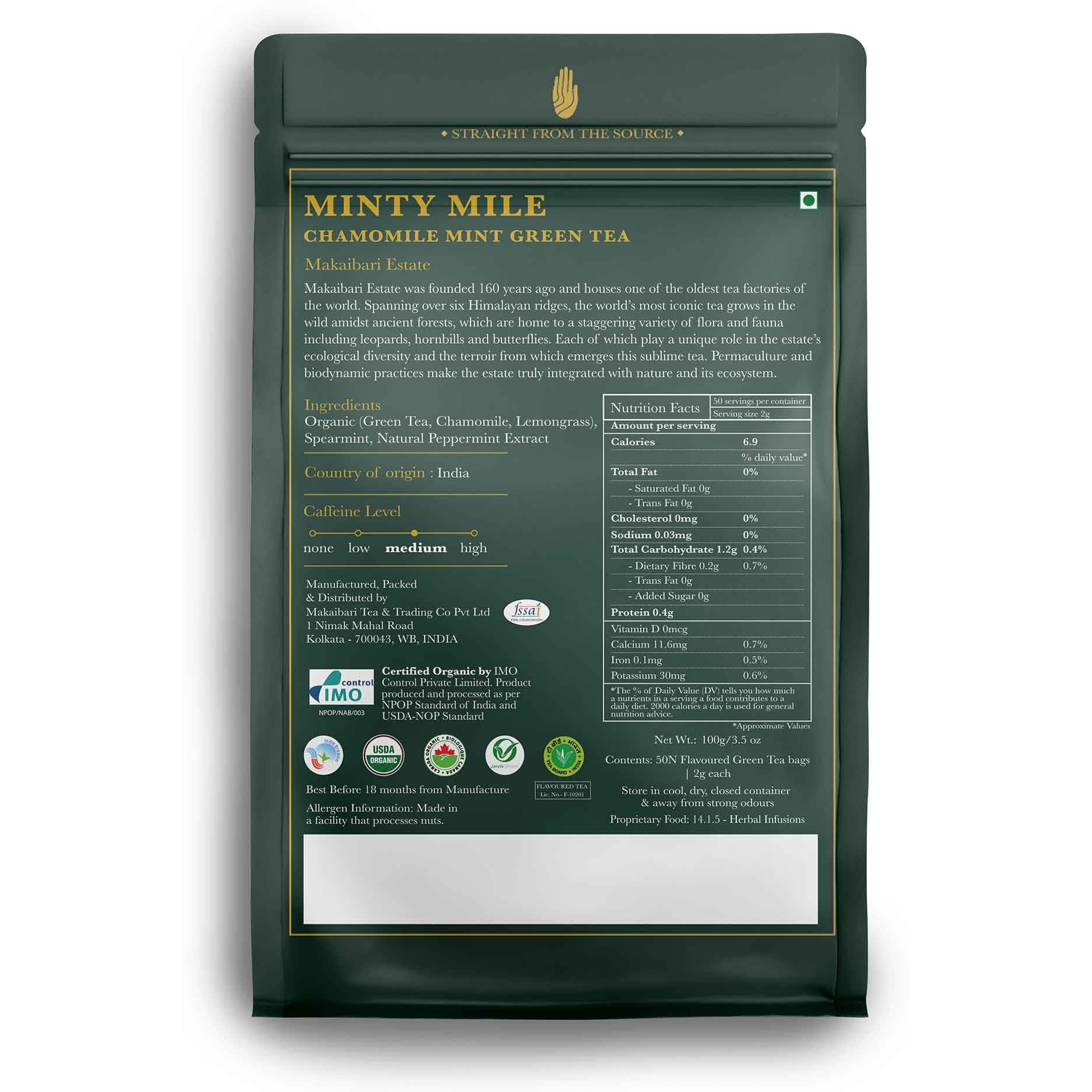 Luxmi Estates Minty Mile Chamomile Mint Green Tea 50 Tea Bags (100g) Pack | Certified Organic Green Tea | Low Caffeine Chamomile Tea | Mint Tea Bags Best for Night Time | 50 Cups Bulk Pack