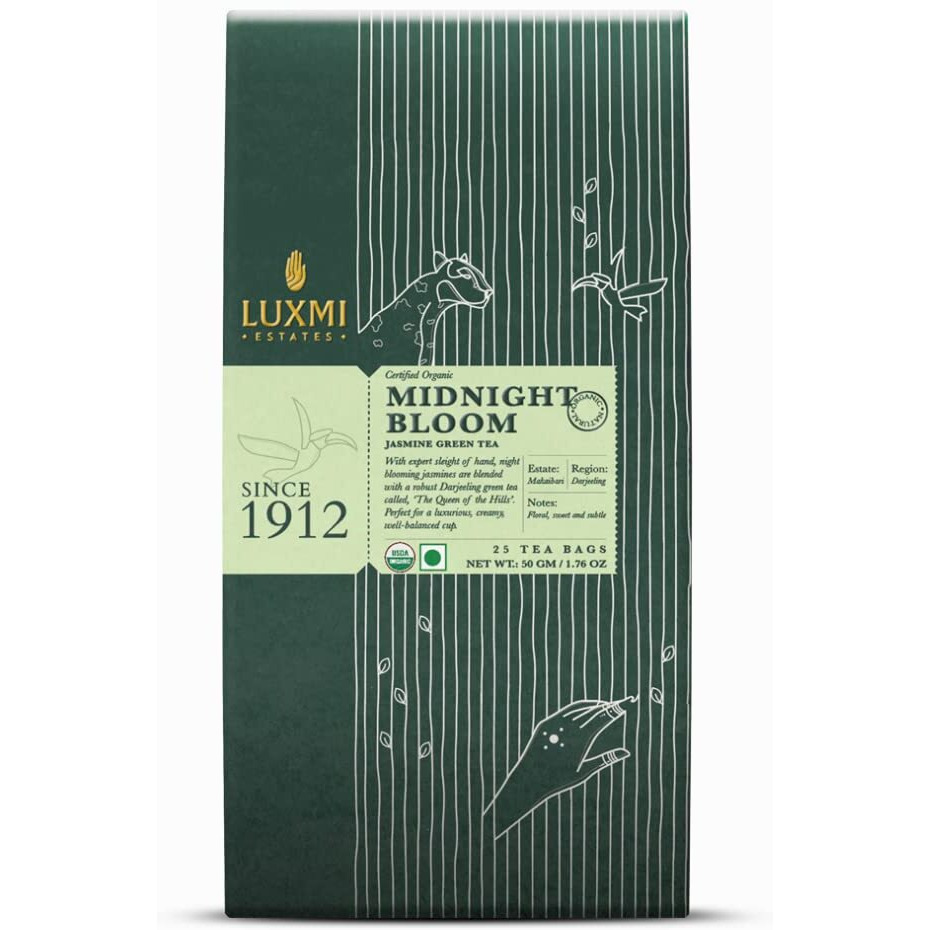 LUXMI Estates Midnight Bloom Jasmine Green Tea 25 Tea Bags (50G) Pack | Certified Usda Organic Green Tea | With Organic Jasmine Buds | Darjeeling Green Tea | 25 Cups - 50 Gm