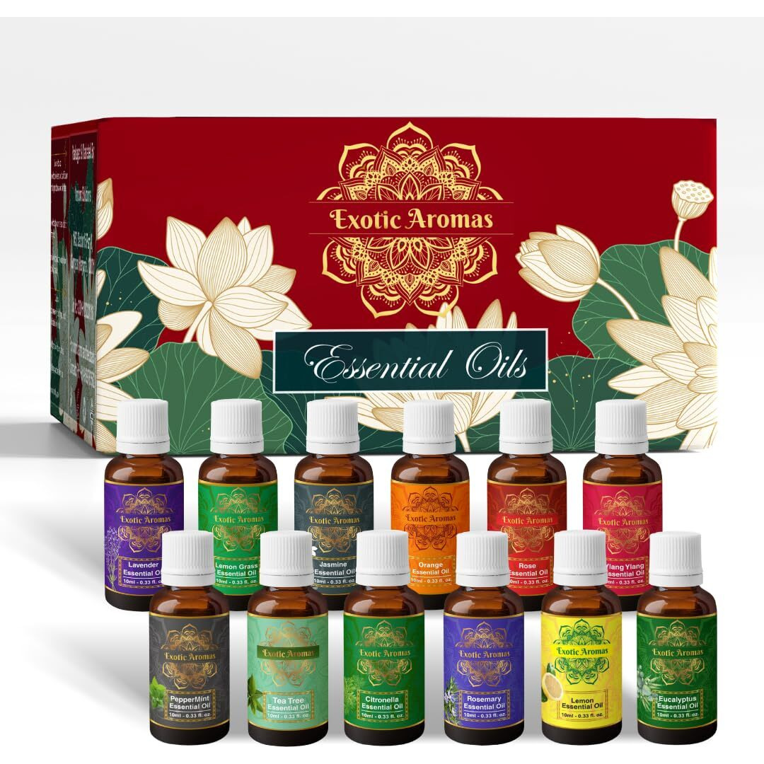 Exotic Aromas Essential Oil Lavender Rose Rosemary Orange Jasmine YlangYlang Tea Tree Eucalyptus Lemongrass Peppermint Lemon Citronella Pack of 12