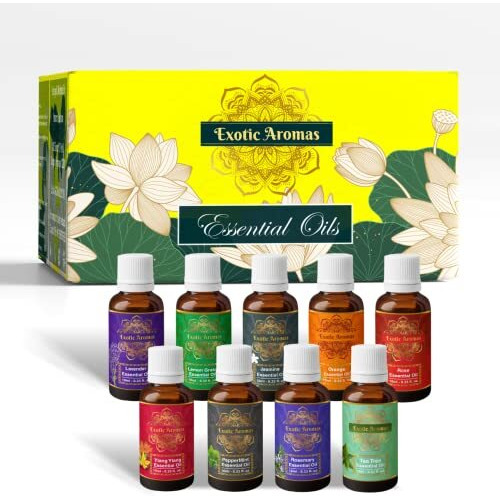 Exotic Aromas Essential Oil Lavender, Rose, Tea Tree, Jasmine, Ylang Ylang, Orange, Lemongrass, Peppermint, Rosemary, Pure & Natural (Pack of 9)