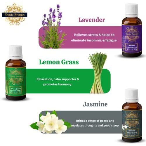 Exotic Aromas Essential Oil Lavender, Rose, Tea Tree, Jasmine, Ylang Ylang, Orange, Lemongrass, Peppermint, Rosemary, Pure & Natural (Pack of 9)