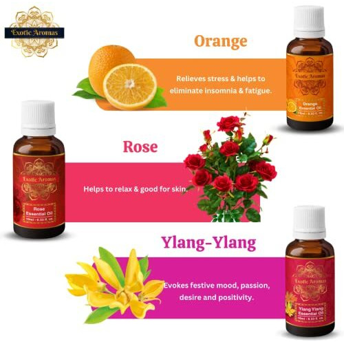 Exotic Aromas Essential Oil Lavender, Rose, Tea Tree, Jasmine, Ylang Ylang, Orange, Lemongrass, Peppermint, Rosemary, Pure & Natural (Pack of 9)