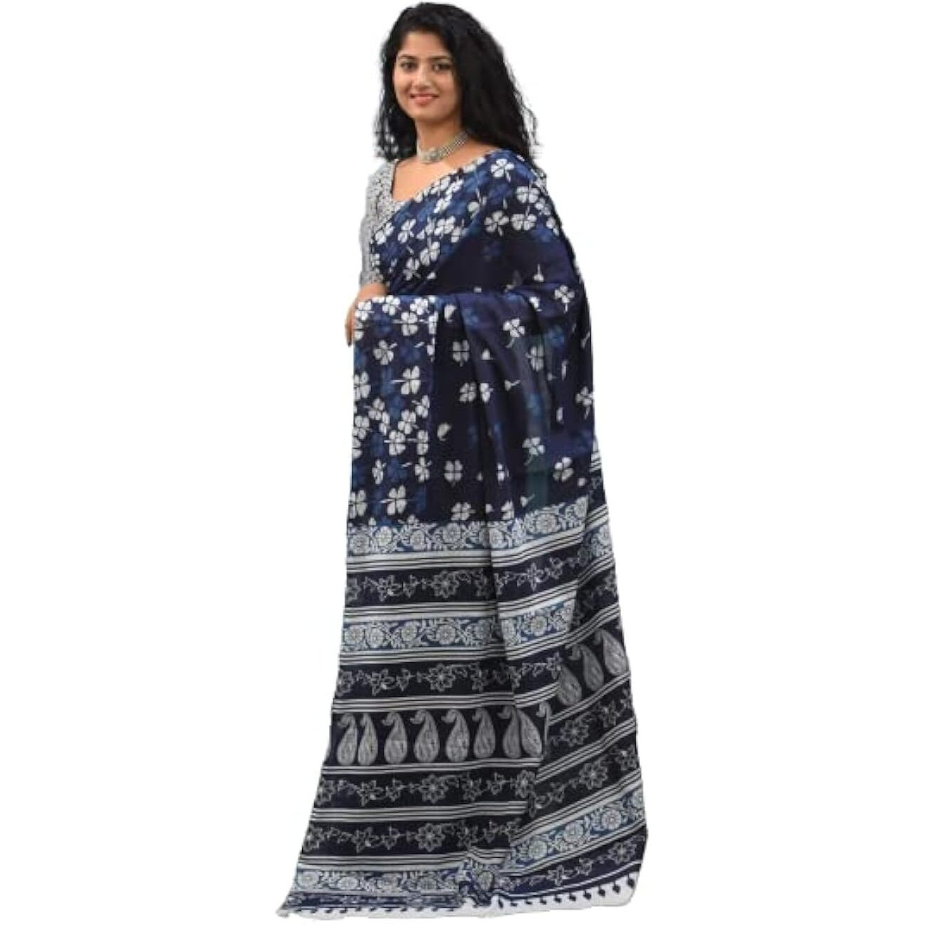 Kiaaron Womens Ikat Hand Block Print Jaipuri Cotton Mulmul Saree with Blouse Piece -Blue_Sup551