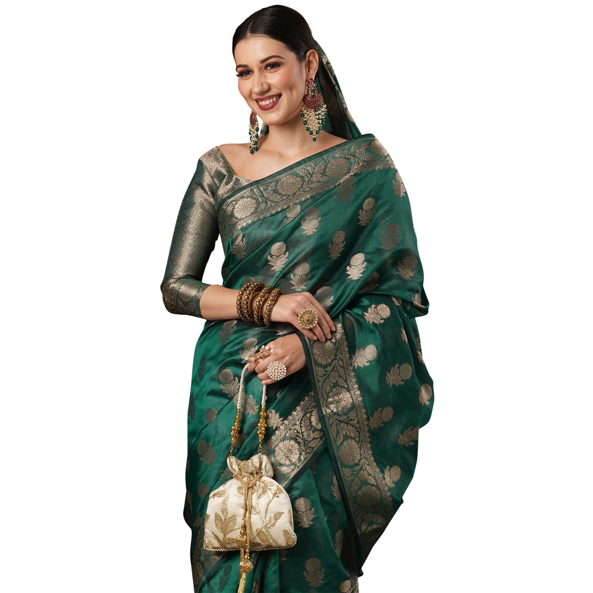 AKHILAM Womens Teal green Organza Floral Saree With Unstitched Blouse Piece (KANCHI4004)