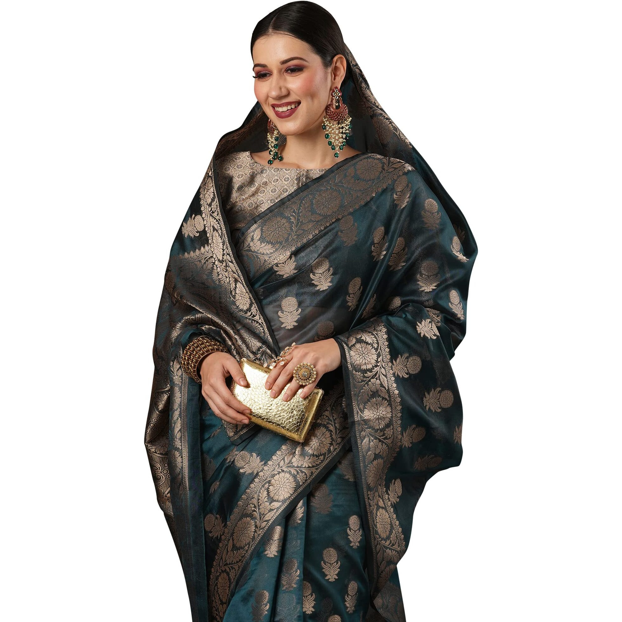 AKHILAM Womens Woven Design Floral Zari Border Organza Saree With Unstitched Blouse Piece (Kanchi4002), Teal