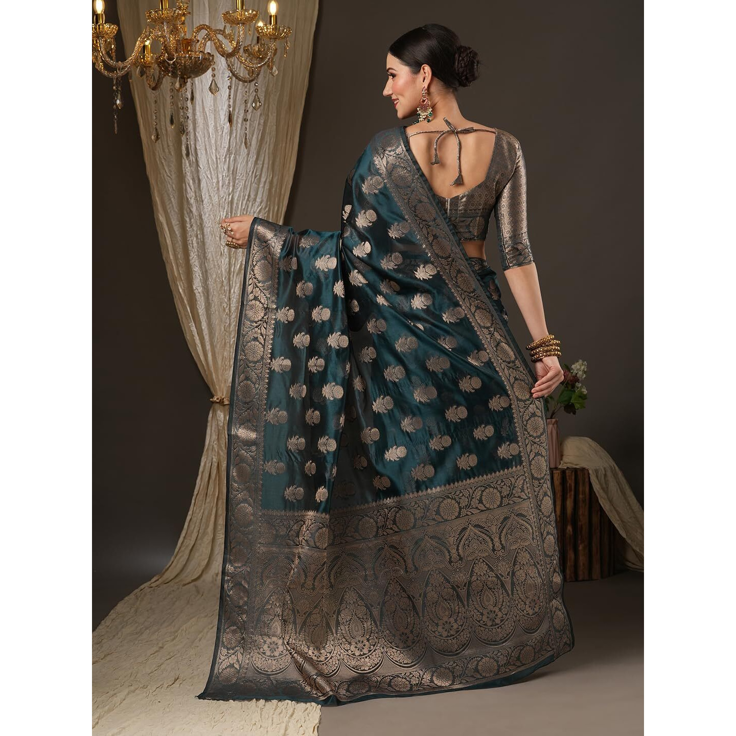 AKHILAM Womens Woven Design Floral Zari Border Organza Saree With Unstitched Blouse Piece (Kanchi4002), Teal