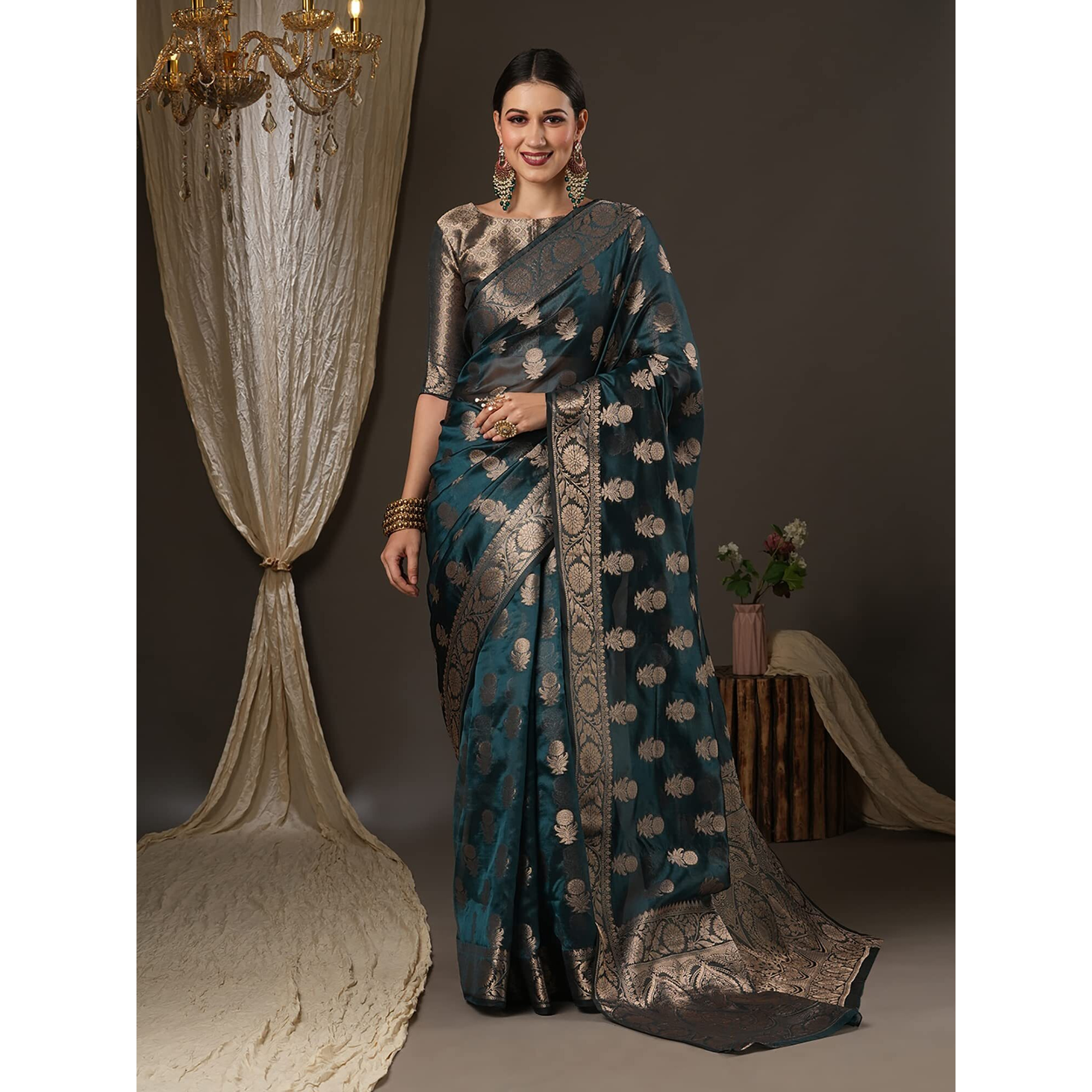 AKHILAM Womens Woven Design Floral Zari Border Organza Saree With Unstitched Blouse Piece (Kanchi4002), Teal