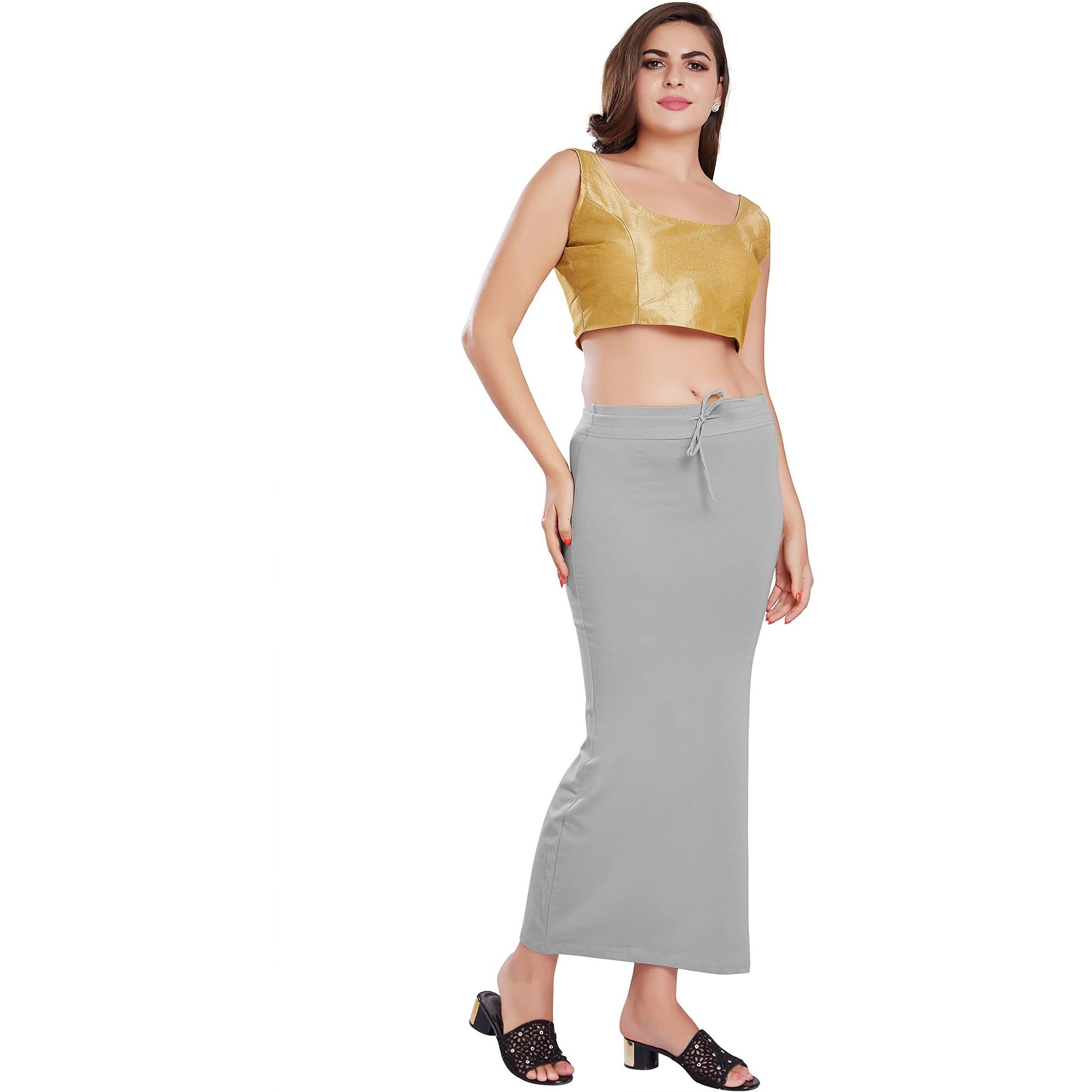 RANI SAAHIBA Womens Stretchy Slim Fishcut Petticoat Cotton Saree Shapewear(SHP7_L/XL_Lt. Grey)