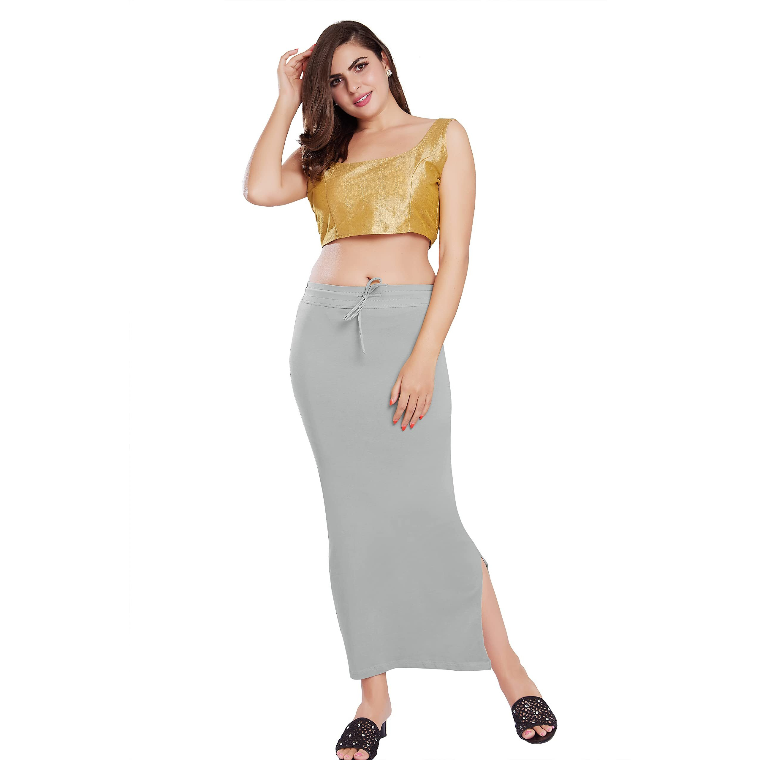 RANI SAAHIBA Womens Stretchy Slim Fishcut Petticoat Cotton Saree Shapewear(SHP7_L/XL_Lt. Grey)