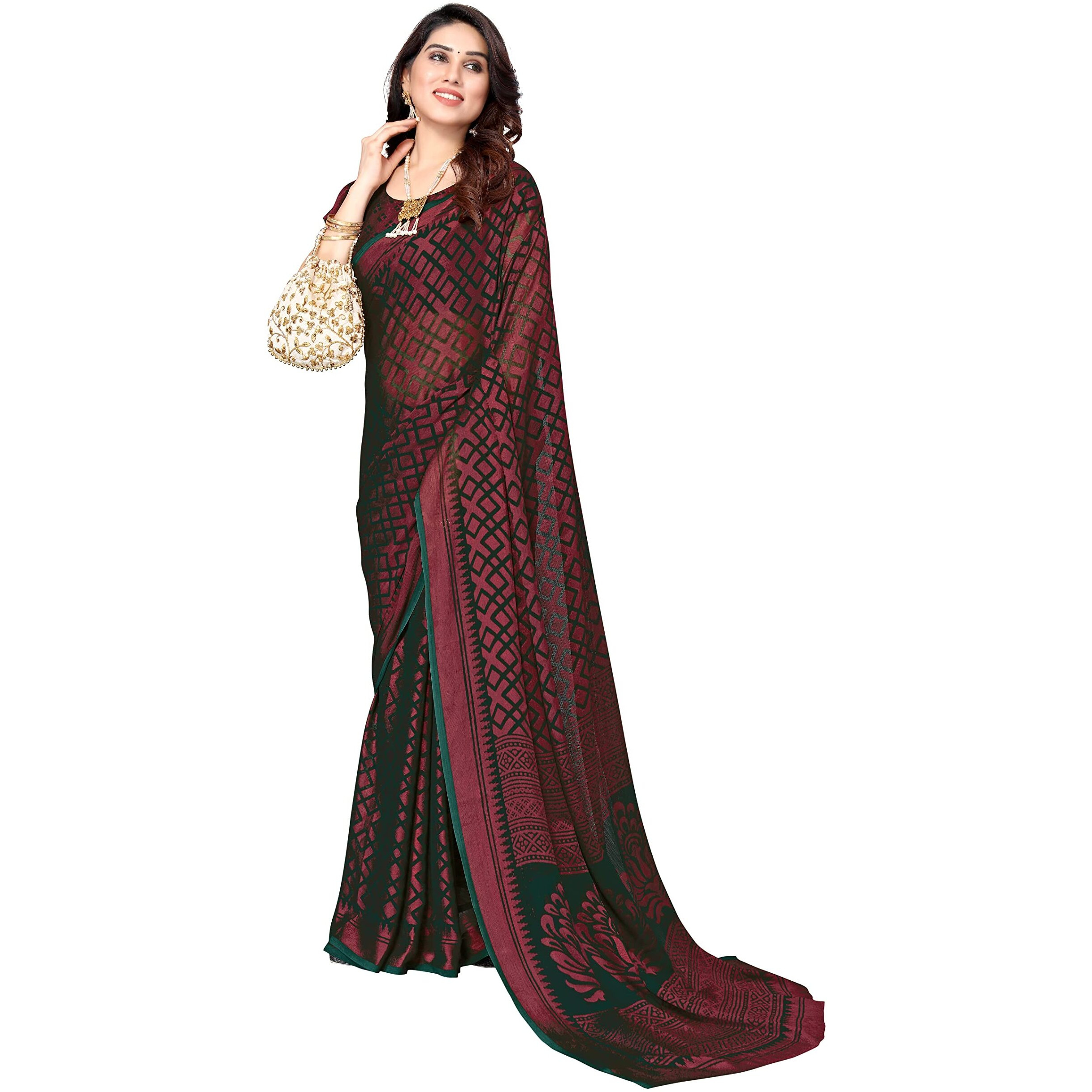 Winza Designer WDP Brasso Bhanu Bottle Green W Plain Chiffon Stylish Saree For Women