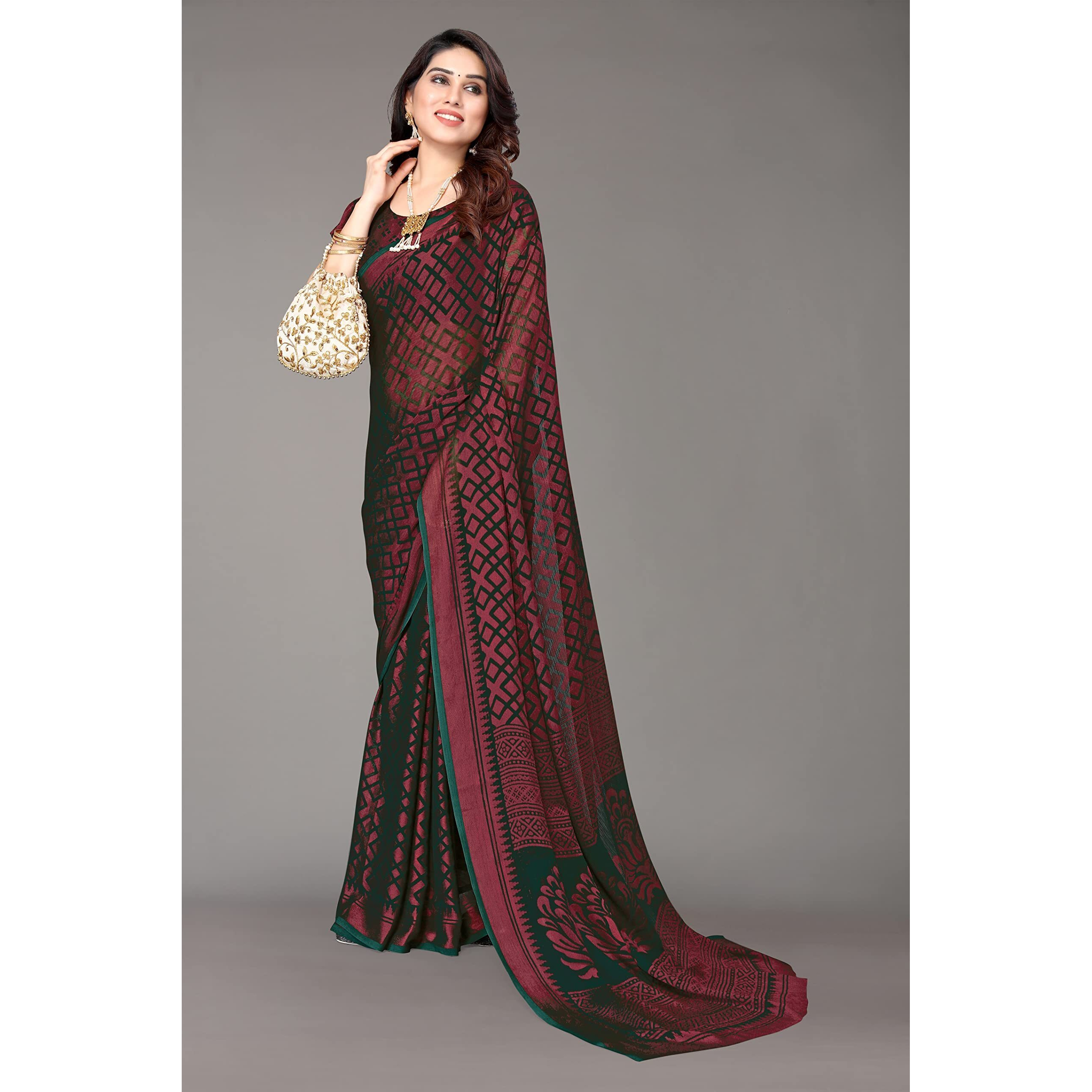 Winza Designer WDP Brasso Bhanu Bottle Green W Plain Chiffon Stylish Saree For Women