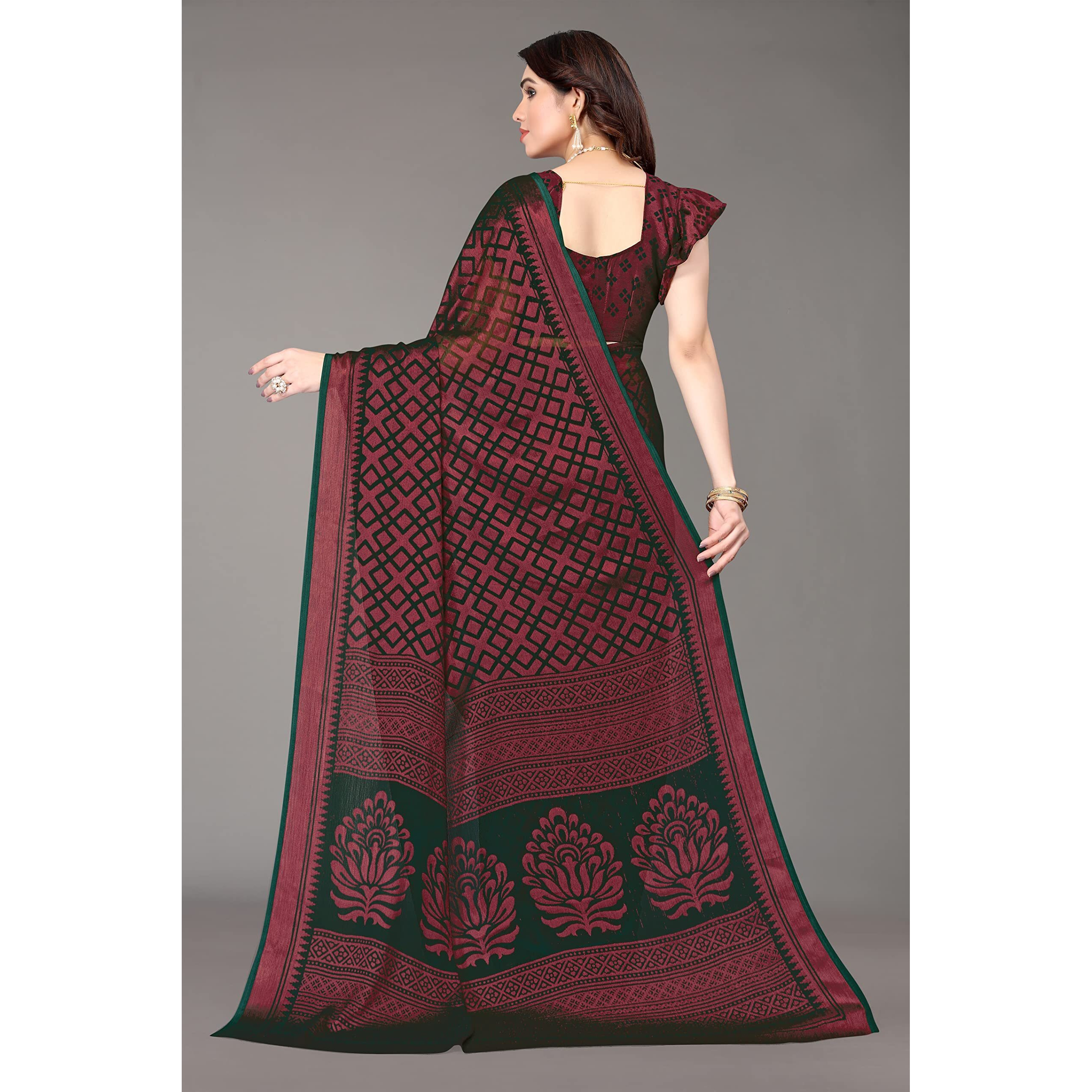 Winza Designer WDP Brasso Bhanu Bottle Green W Plain Chiffon Stylish Saree For Women