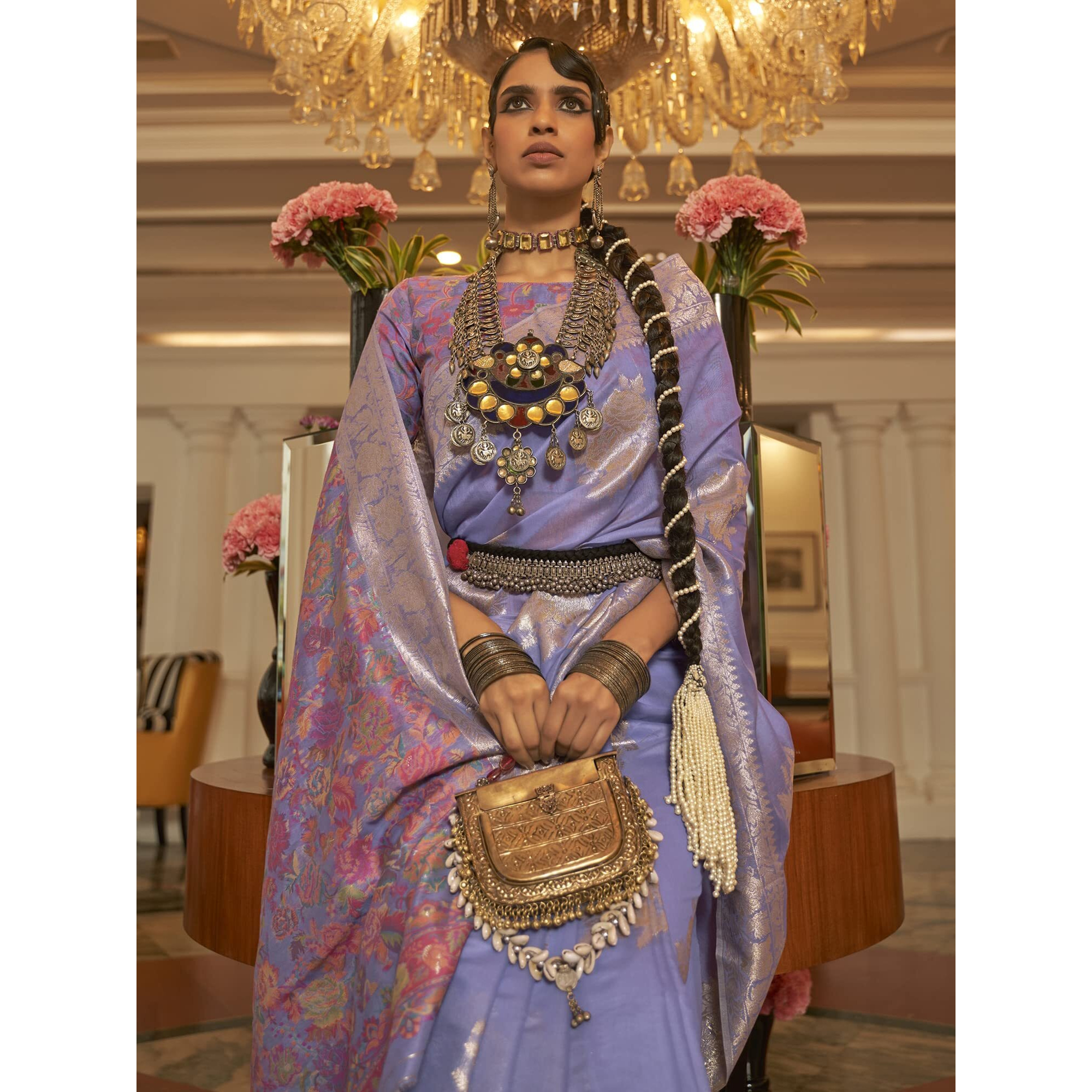 AKHILAM Womens Silk Blend Woven Design Saree With Unstitched Blouse Piece (Lavendar_KERAT272005_RJ)
