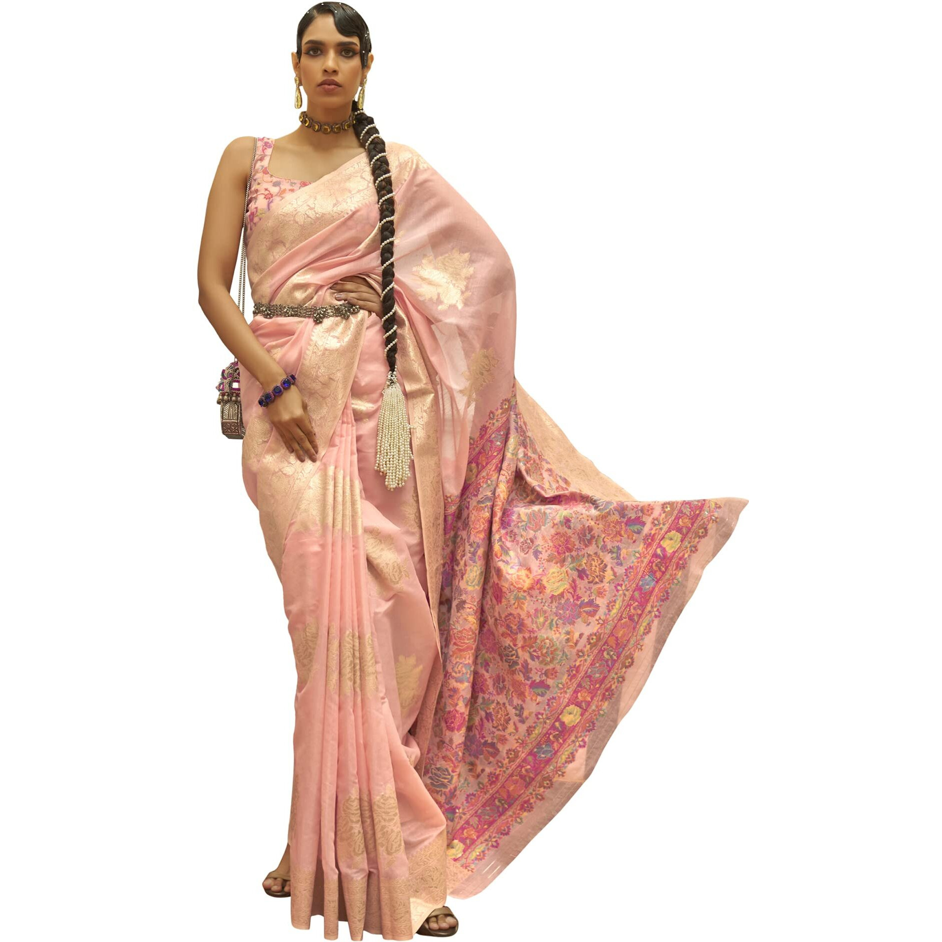 AKHILAM Womens Silk Blend Woven Design Saree With Unstitched Blouse Piece (Pink_KERAT272003_RJ)