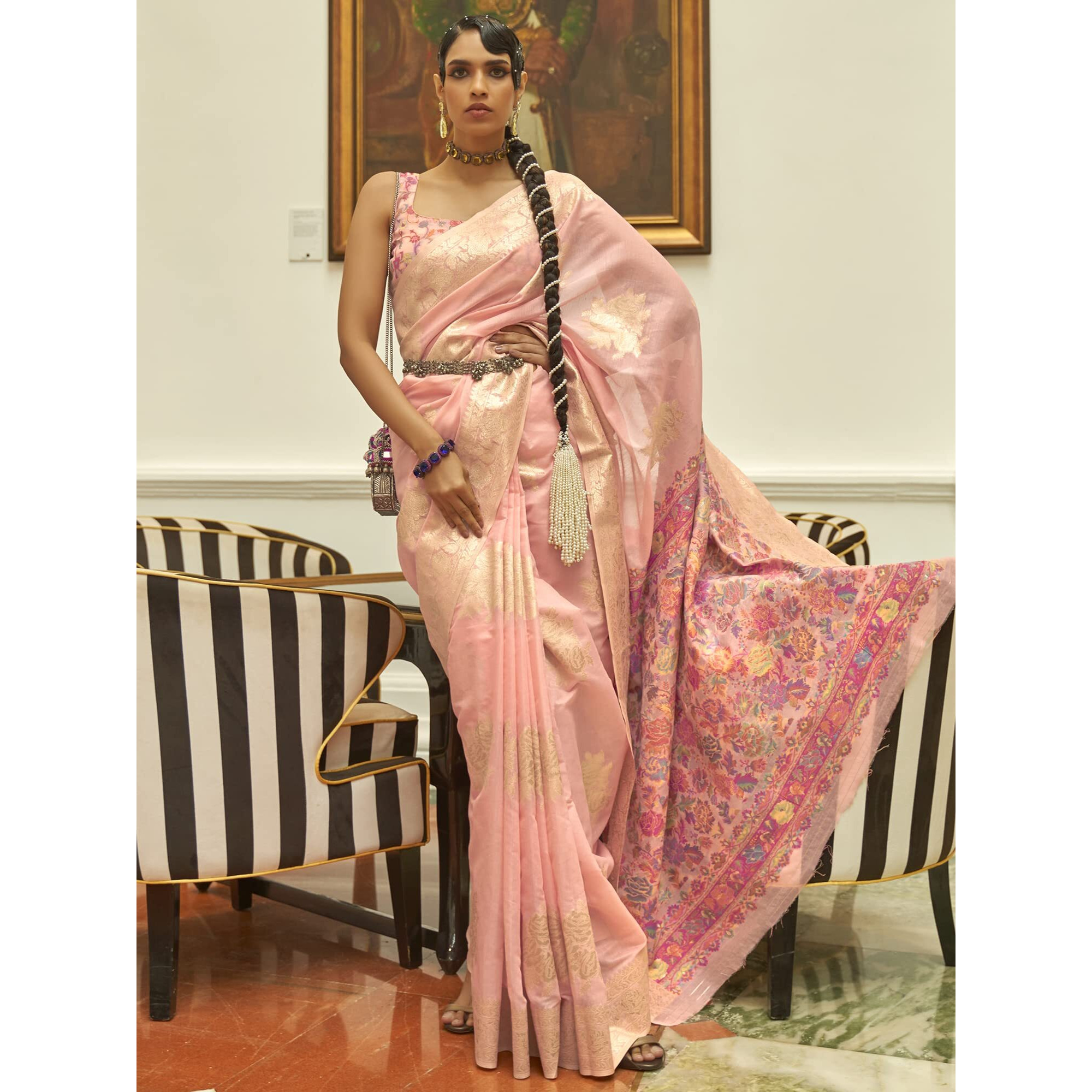 AKHILAM Womens Silk Blend Woven Design Saree With Unstitched Blouse Piece (Pink_KERAT272003_RJ)