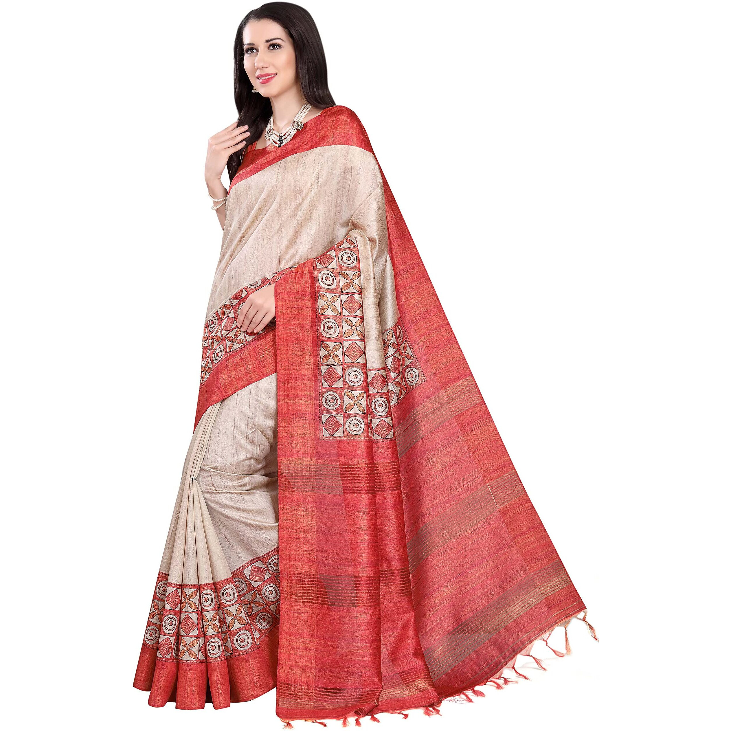 RANI SAAHIBA Womens Printed Chappa Silk Bhagalpuri Saree With Blouse Piece (SKR8795_Off-White-Red)