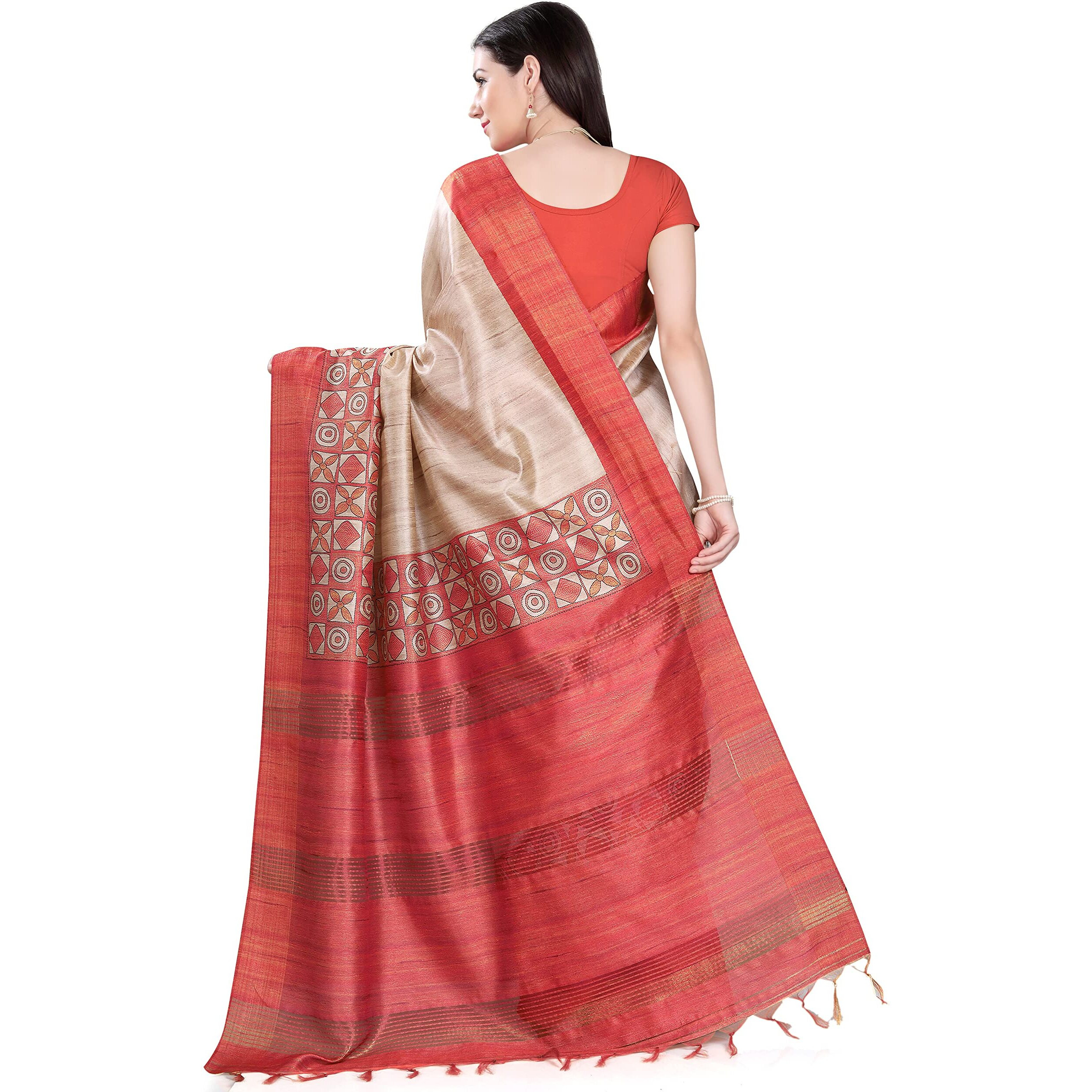 RANI SAAHIBA Womens Printed Chappa Silk Bhagalpuri Saree With Blouse Piece (SKR8795_Off-White-Red)