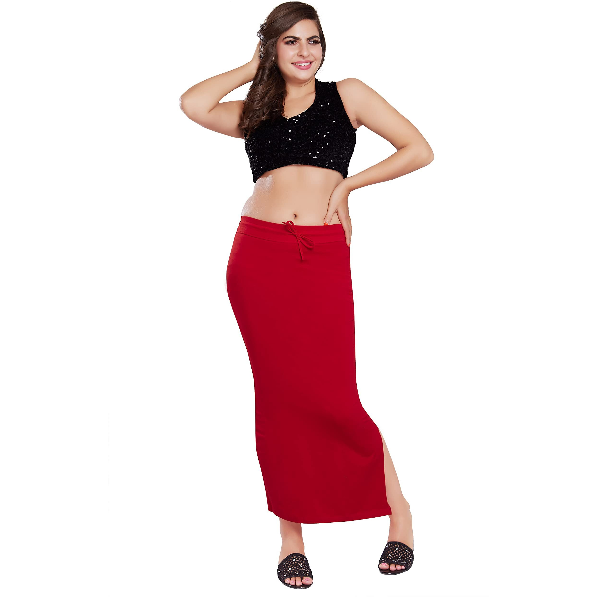 RANI SAAHIBA Womens Stretchy Slim Fishcut Petticoat Cotton Saree Shapewear(SHP32_L/XL_Blood Red)