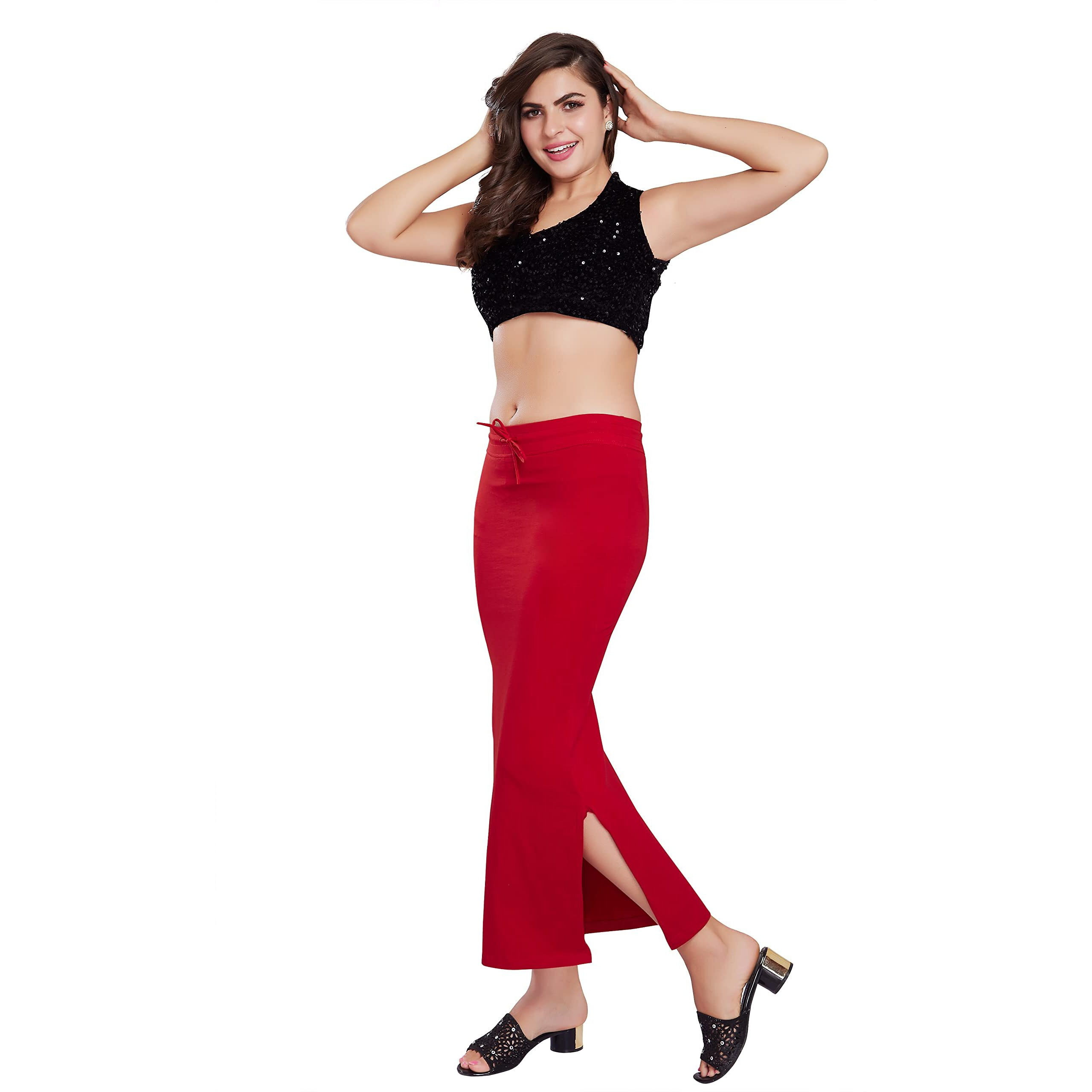 RANI SAAHIBA Womens Stretchy Slim Fishcut Petticoat Cotton Saree Shapewear(SHP32_L/XL_Blood Red)