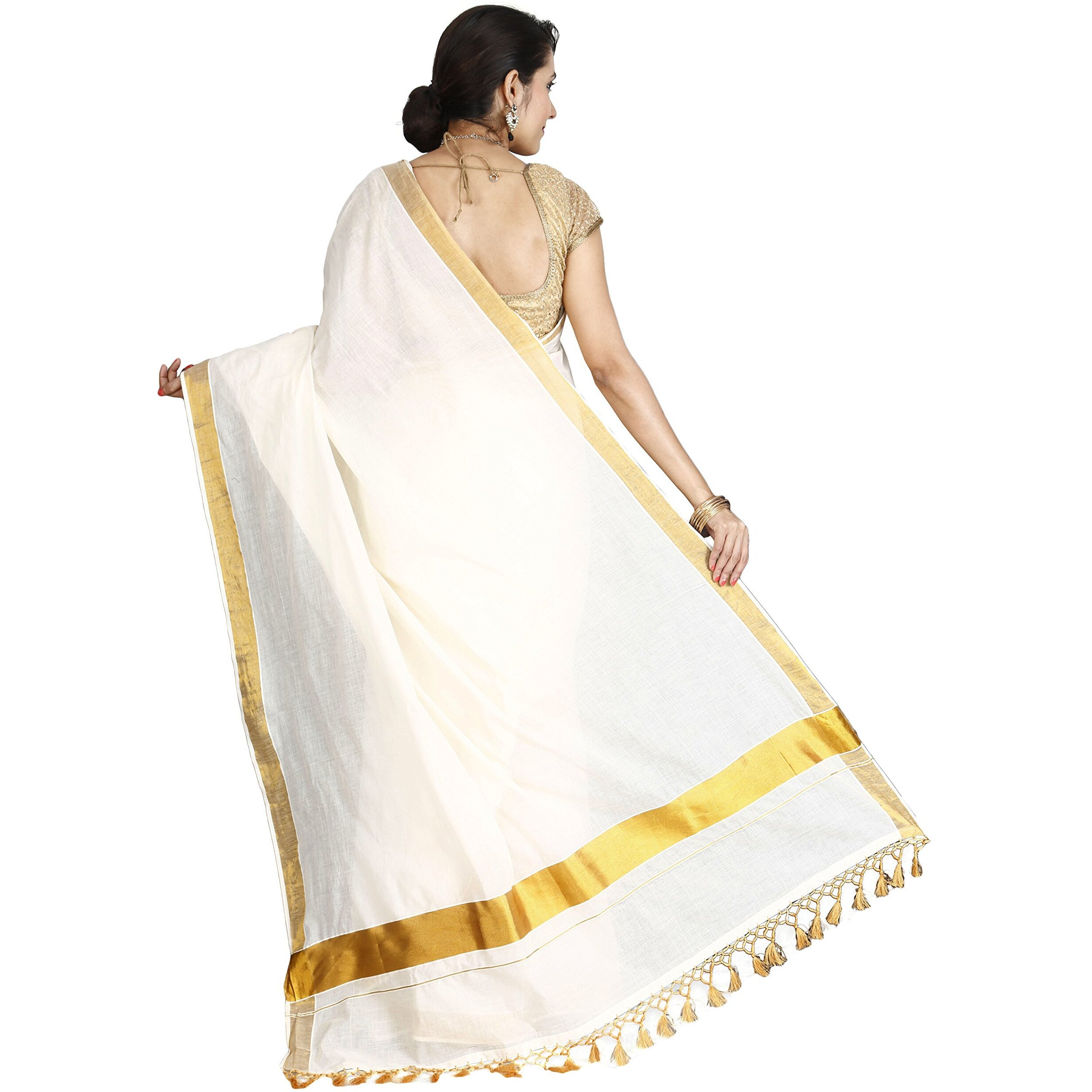 JISB Women Kerala Kasavu plain saree with fringes,Cream color