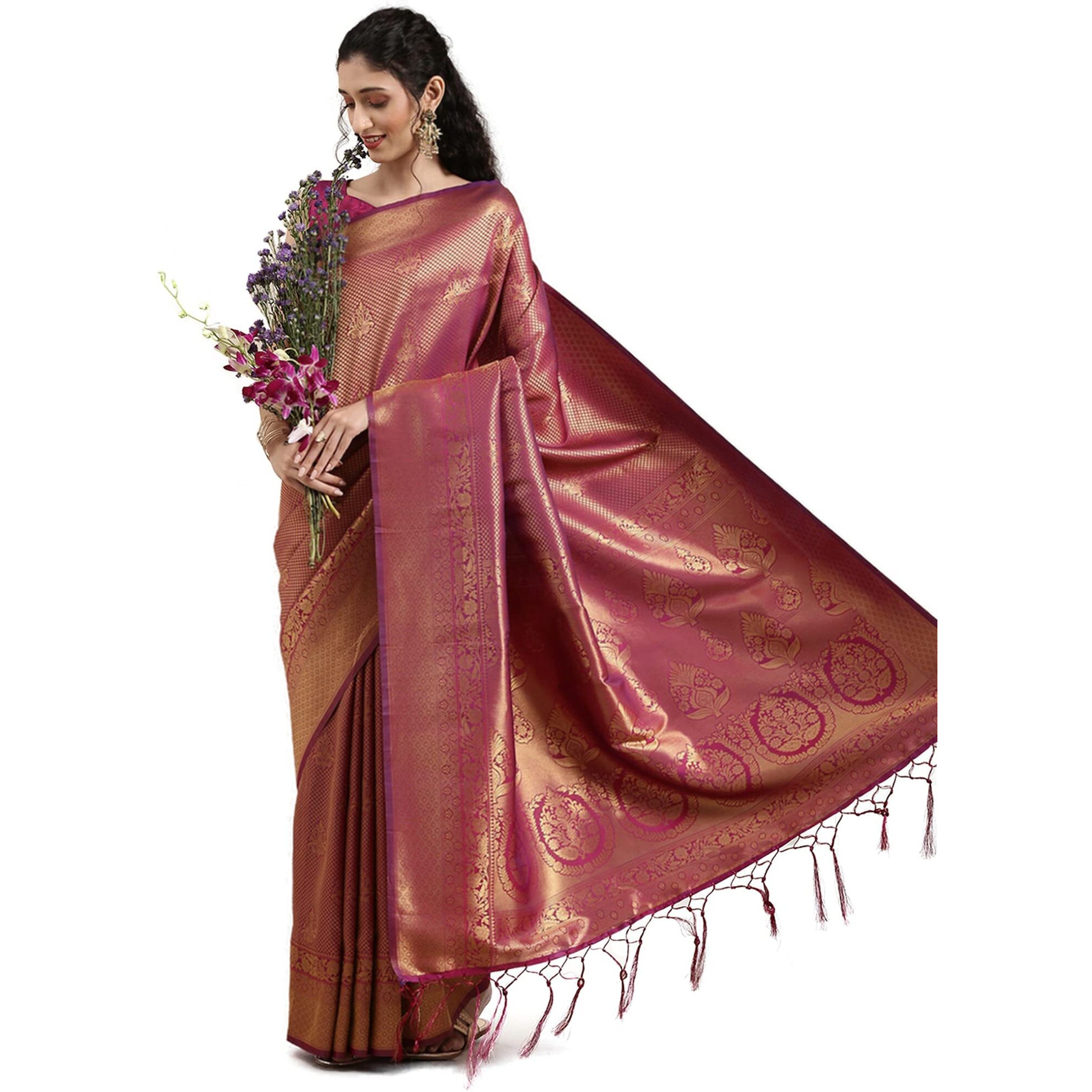 AKHILAM Womens Banarasi Silk Woven Design Saree With Unstitched Blouse Piece (Wine_KUNT188001)