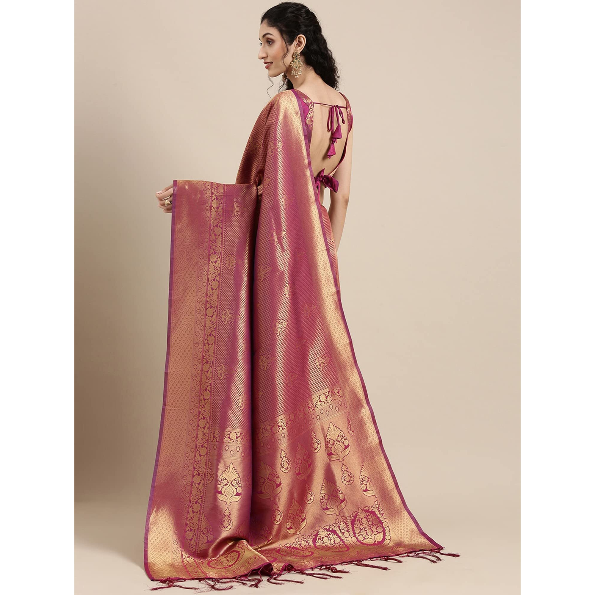 AKHILAM Womens Banarasi Silk Woven Design Saree With Unstitched Blouse Piece (Wine_KUNT188001)