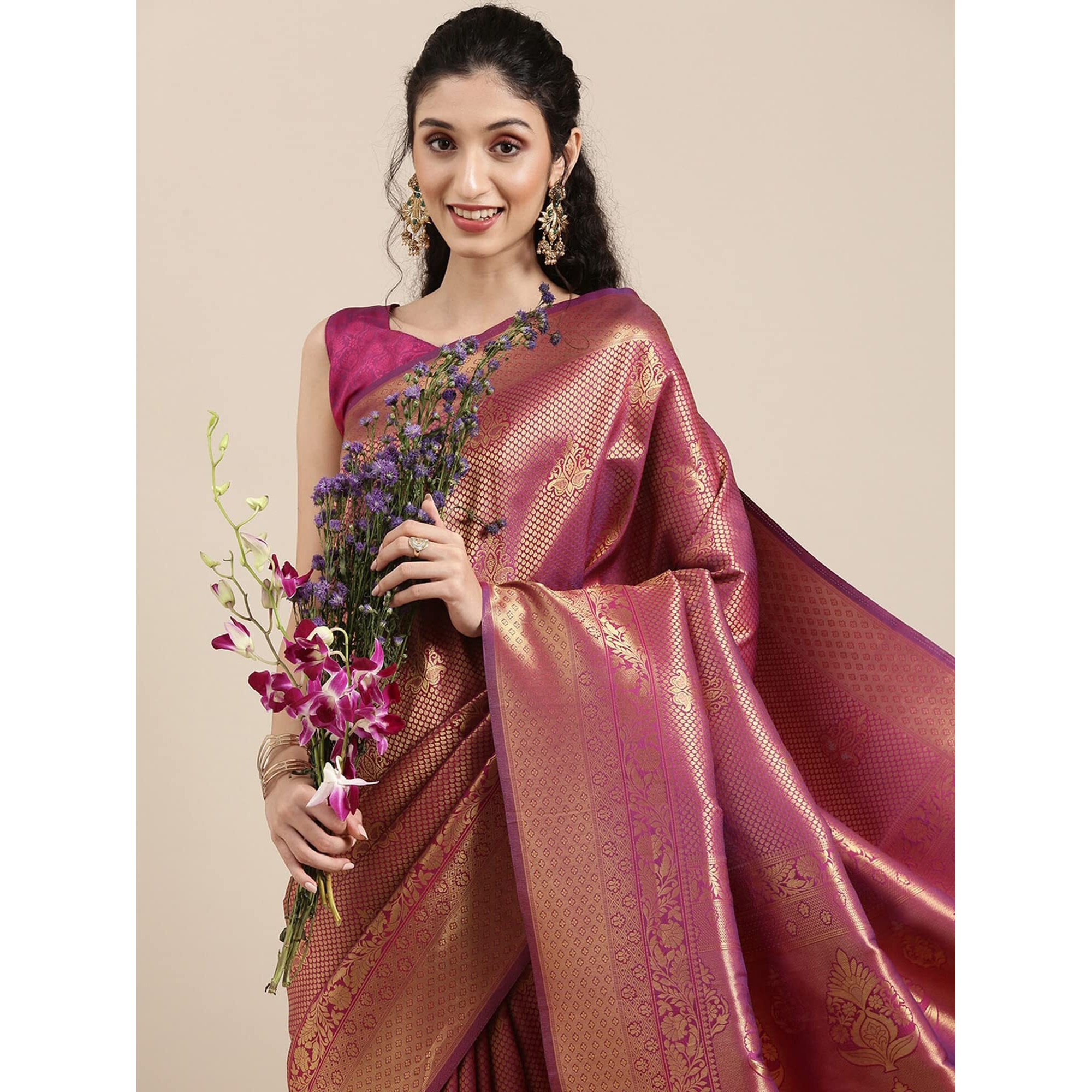 AKHILAM Womens Banarasi Silk Woven Design Saree With Unstitched Blouse Piece (Wine_KUNT188001)