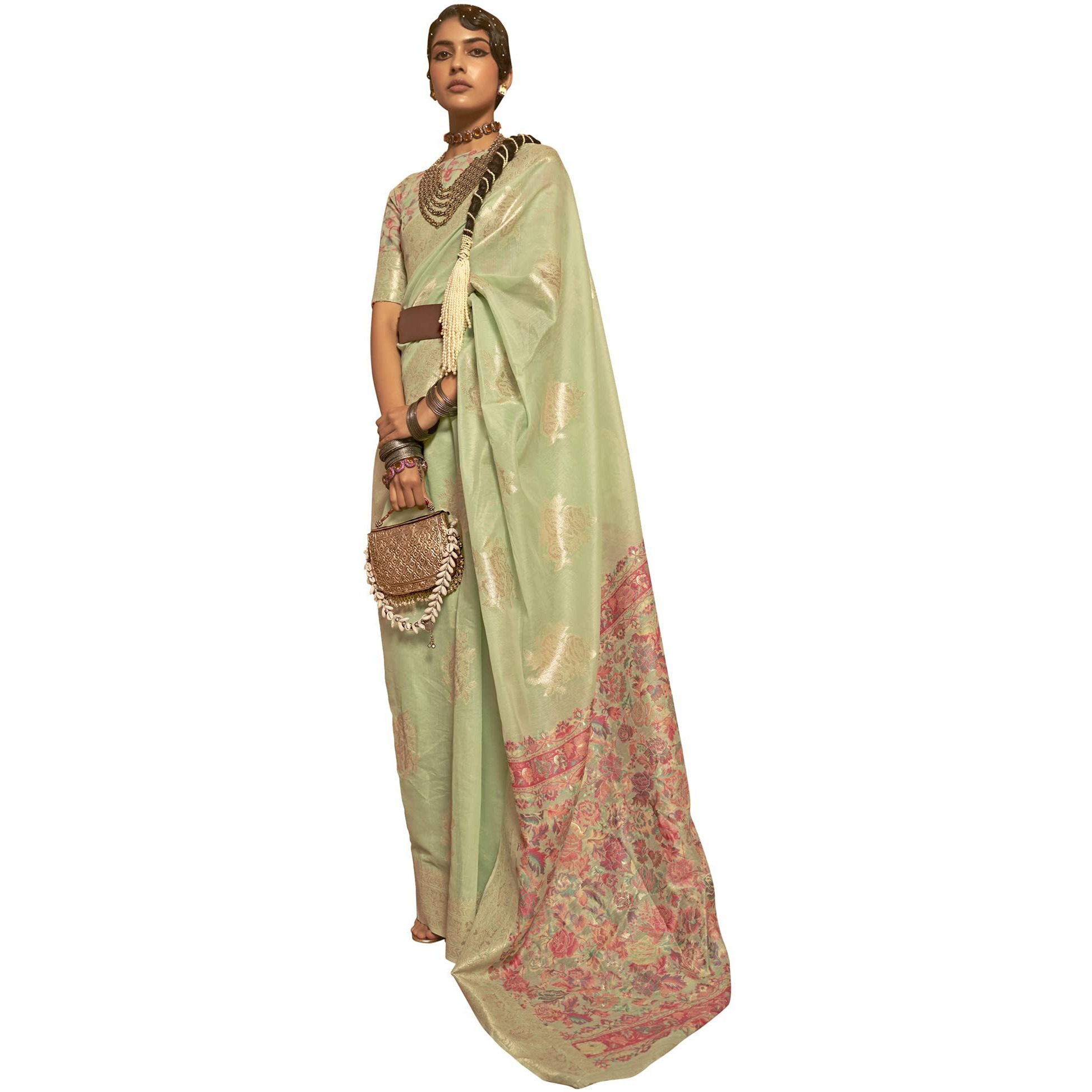 AKHILAM Womens Silk Blend Woven Design Saree With Unstitched Blouse Piece (Light Green_KERAT272002_RJ)