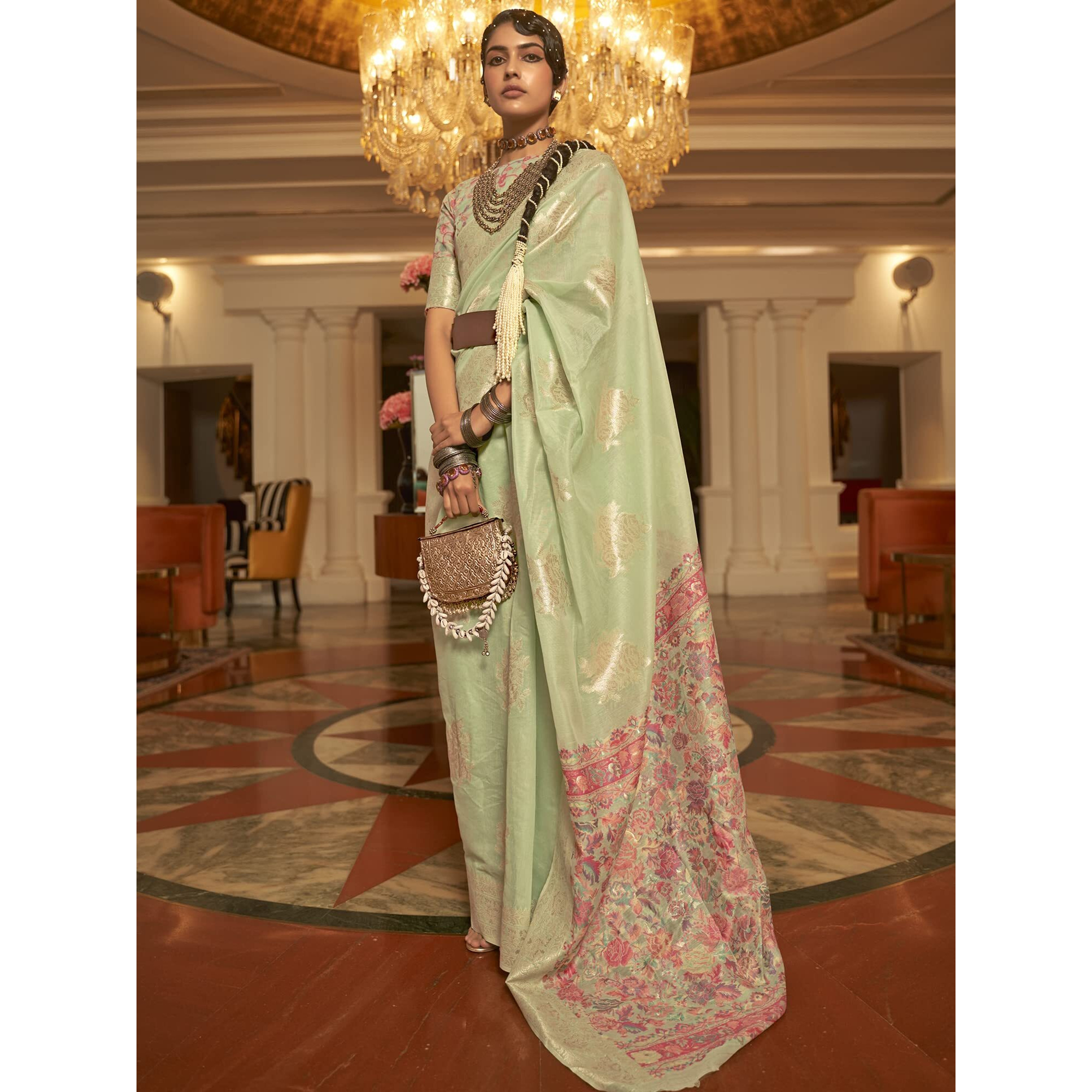 AKHILAM Womens Silk Blend Woven Design Saree With Unstitched Blouse Piece (Light Green_KERAT272002_RJ)