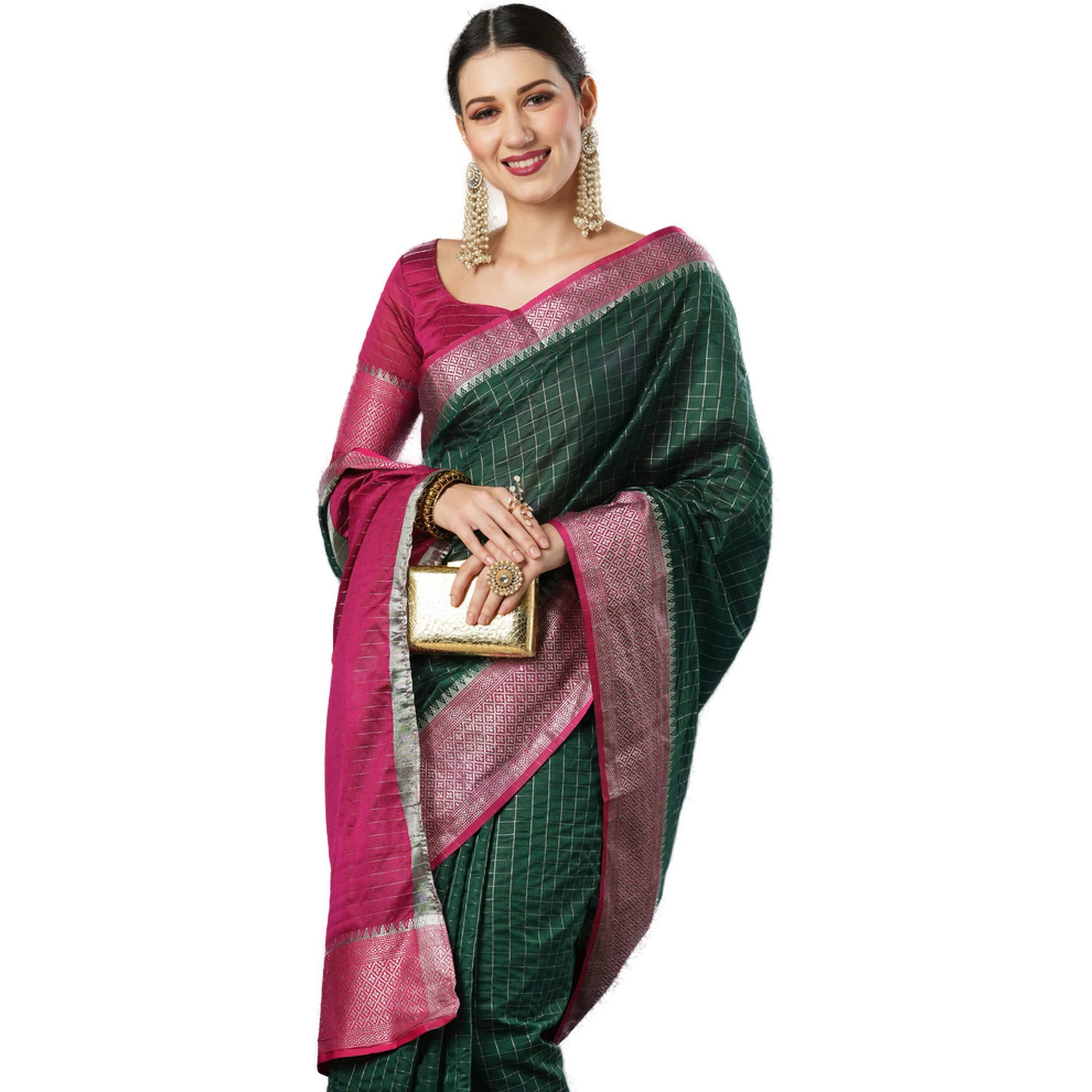 AKHILAM Womens Woven Design Aura Silk Taant Saree With Unstitched Blouse Piece (Green_11AURA1101)