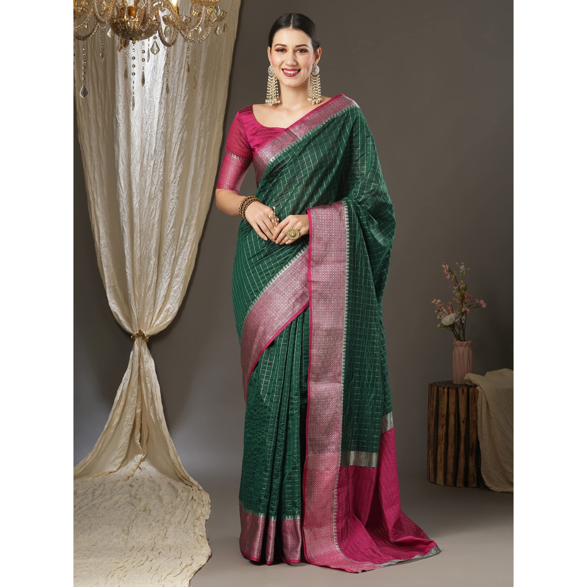 AKHILAM Womens Woven Design Aura Silk Taant Saree With Unstitched Blouse Piece (Green_11AURA1101)