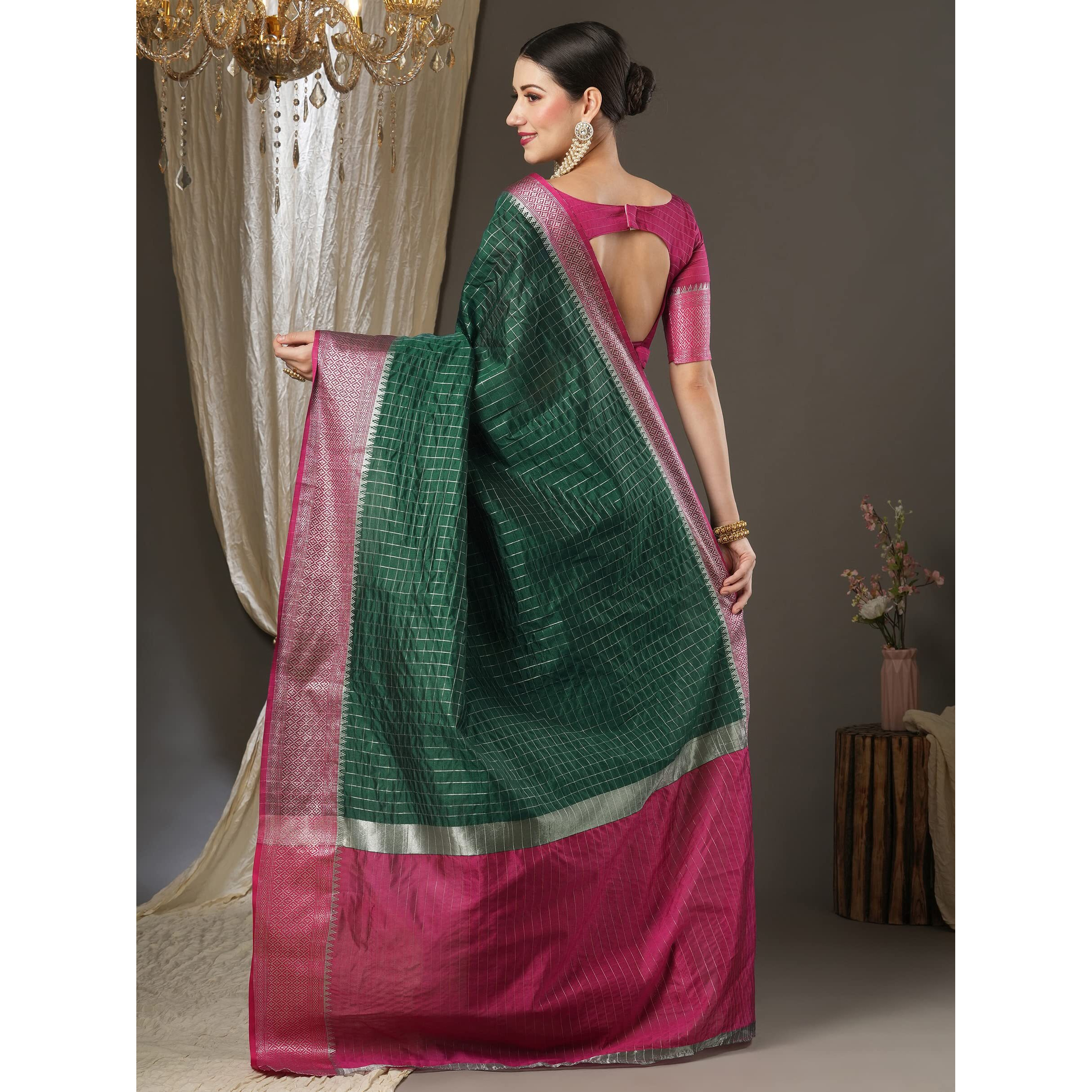 AKHILAM Womens Woven Design Aura Silk Taant Saree With Unstitched Blouse Piece (Green_11AURA1101)