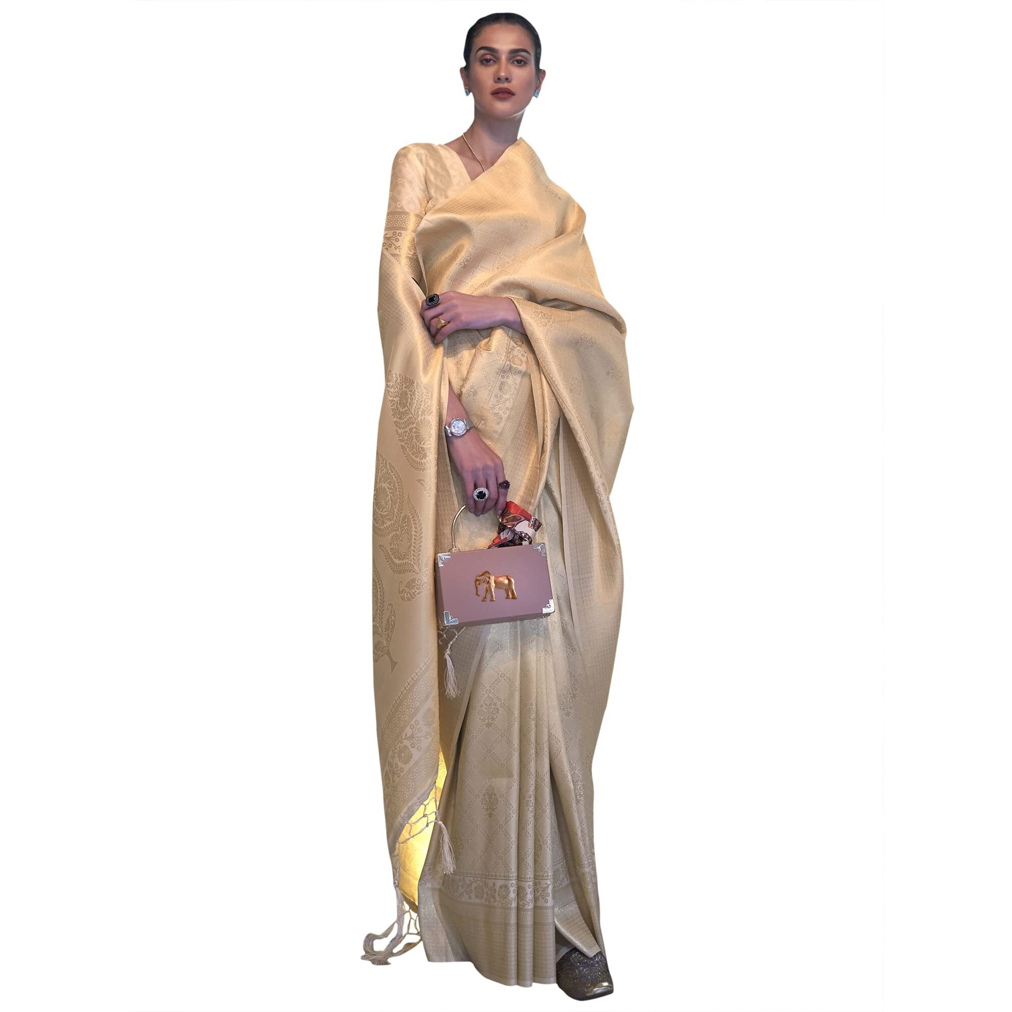 AKHILAM Womens Silk Blend Woven Design Saree With Unstitched Blouse Piece (Cream_KMBHP236005_RJ)