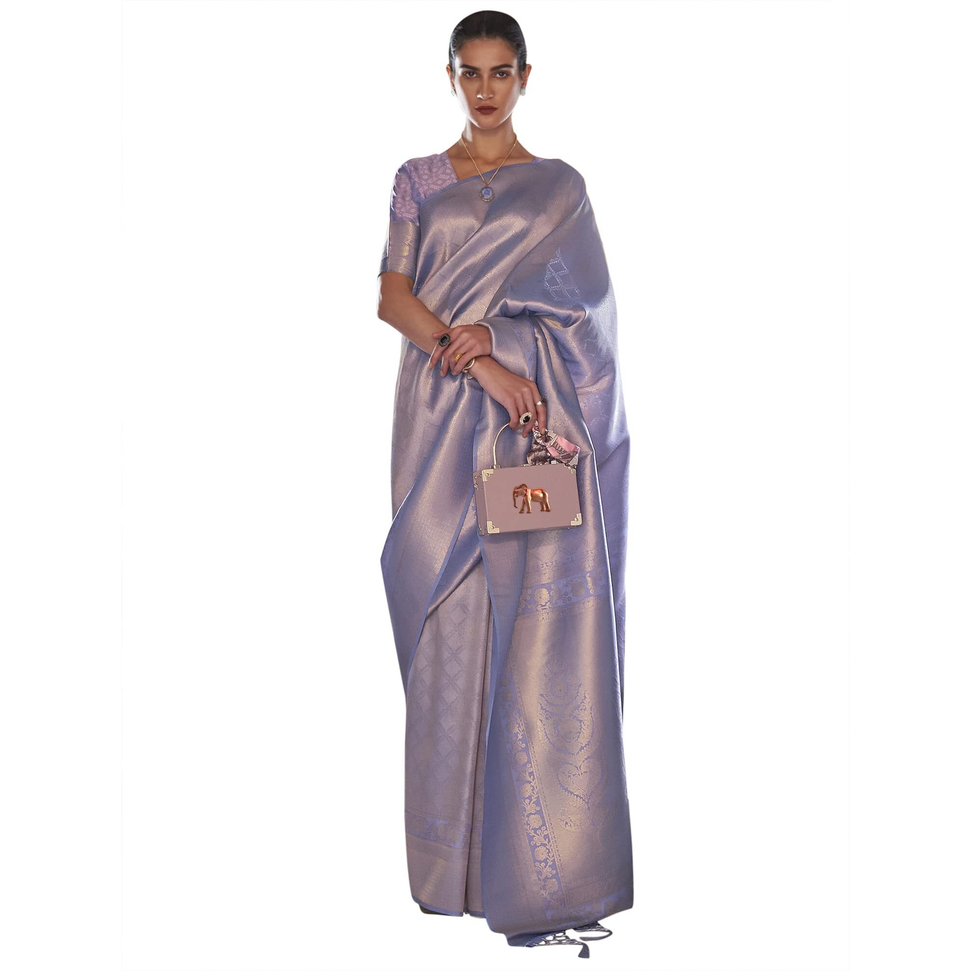 AKHILAM Womens Kanjivaram Banarasi Silk Woven Design Saree With Unstitched Blouse Piece (Lavendar_KMBHP236002_RJ), Multicolor