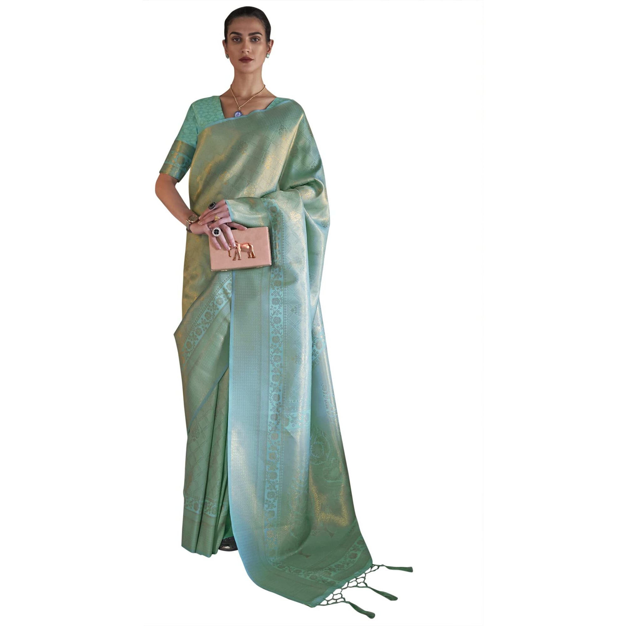 AKHILAM Womens Silk Blend Woven Design Saree With Unstitched Blouse Piece (Sea Green_KMBHP236006_RJ)