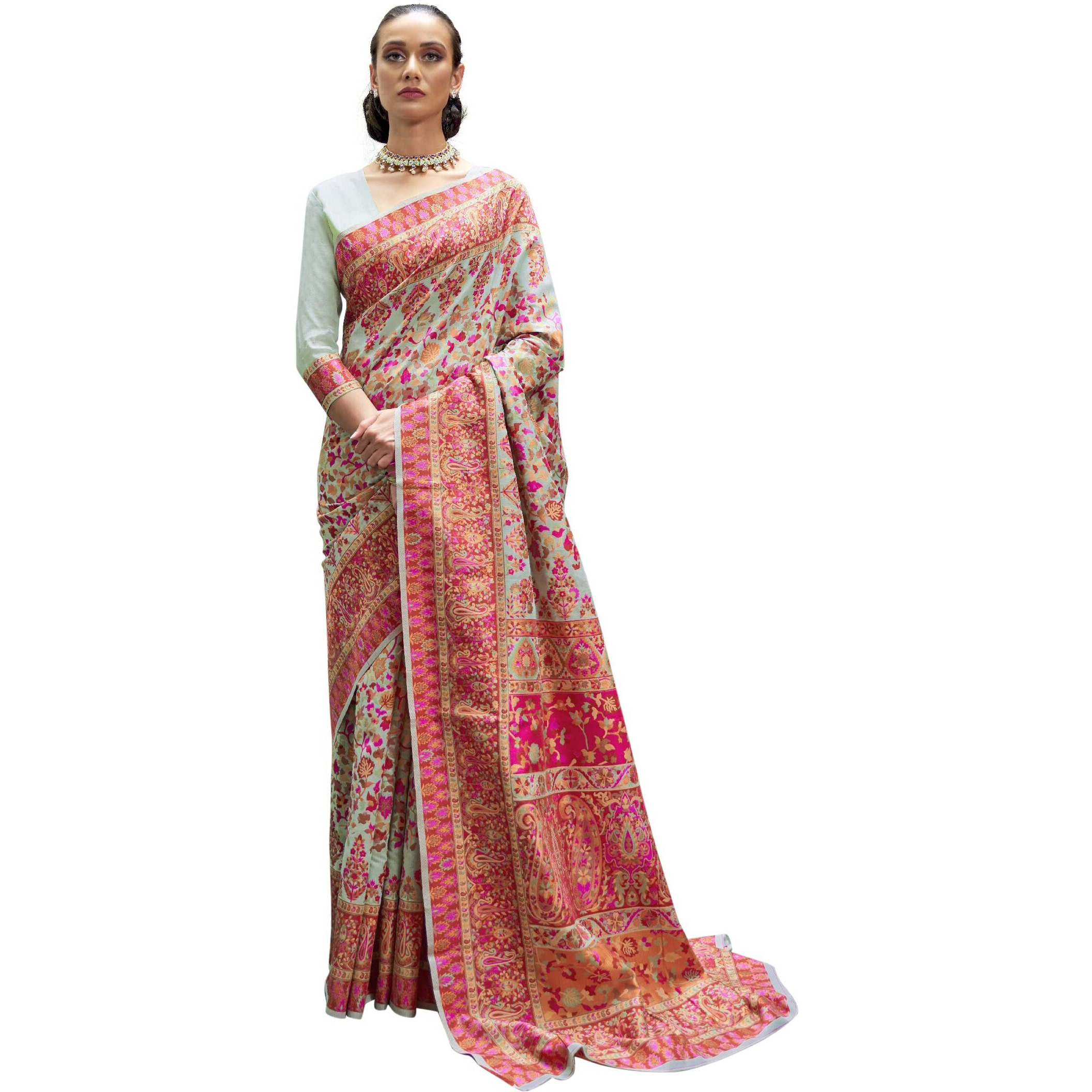 AKHILAM Womens Cotton Blend Woven Design Saree with Unstitched Blouse Piece(Sea Green_KSMIR178003)