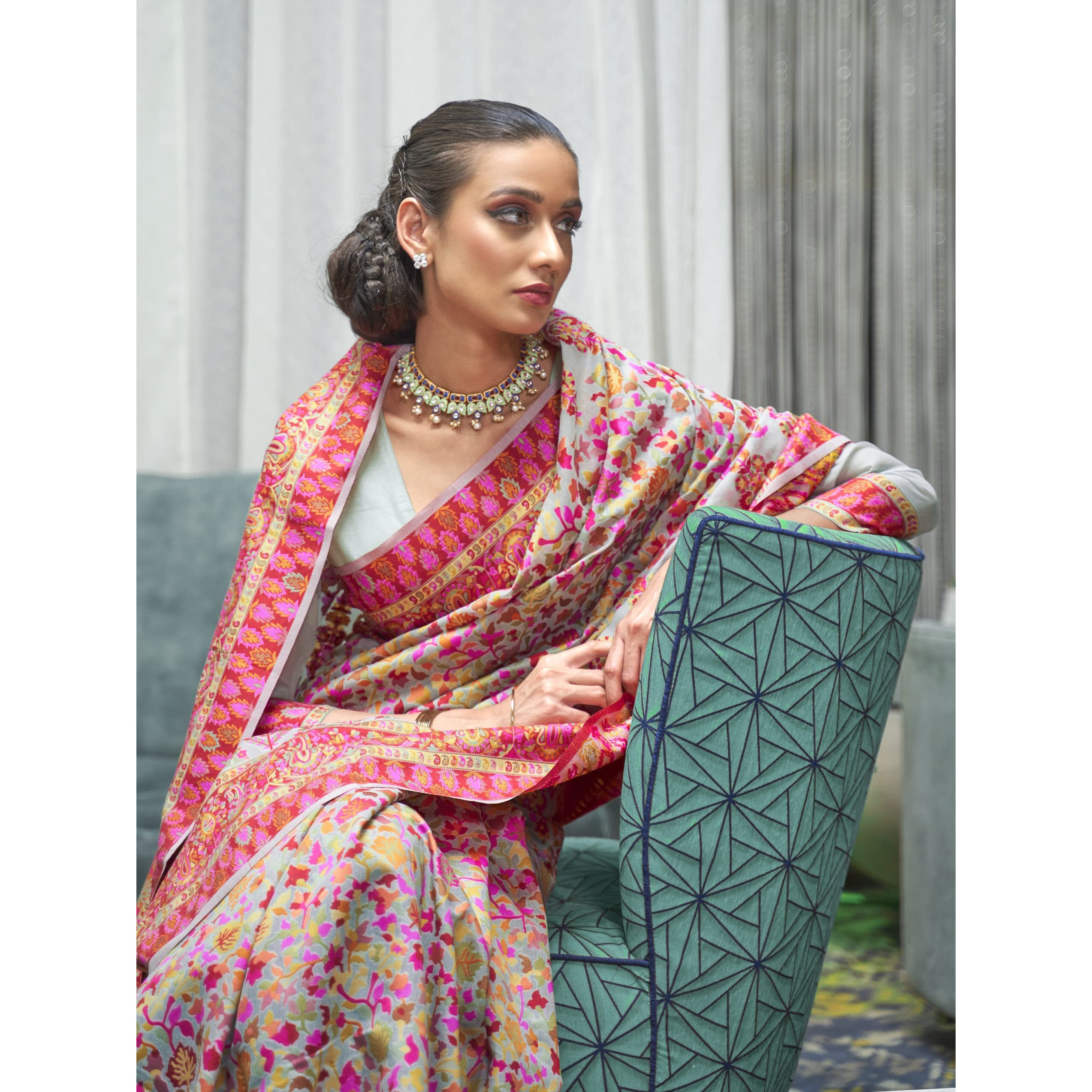AKHILAM Womens Cotton Blend Woven Design Saree with Unstitched Blouse Piece(Sea Green_KSMIR178003)