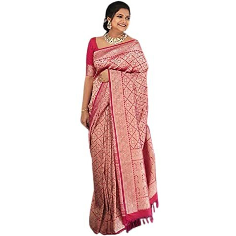 Flosive Womens Present Banarasi Soft Lichi Silk Saree Beautiful Jacquard Rich Pallu Design Work Zari Woven Kanjivaram Silk Style Saree With Soft Lichi Silk Blouse Piece (A Pink)