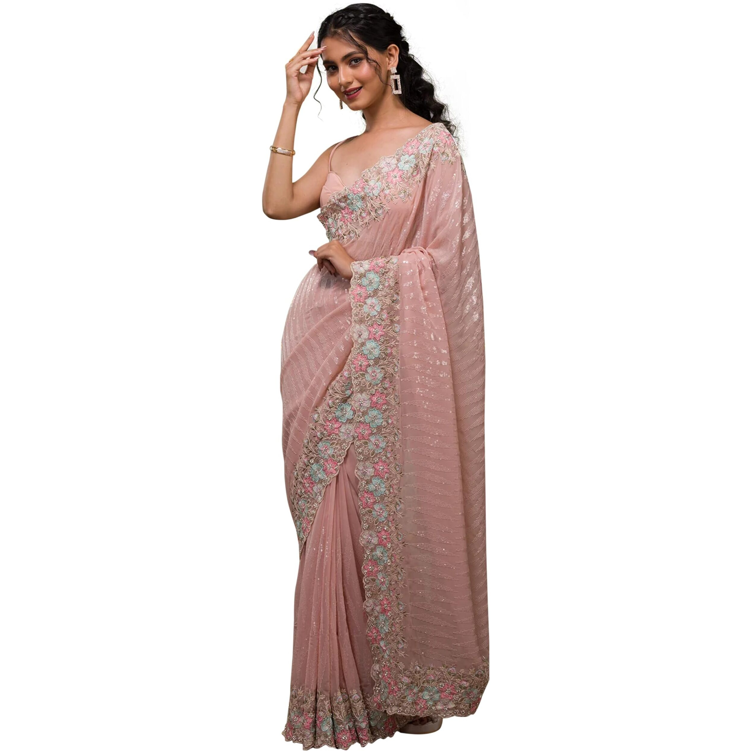 TRENDMALLS Womens Georgette Sequins Embroidery Saree with Blouse Piece (K1100-Pink)