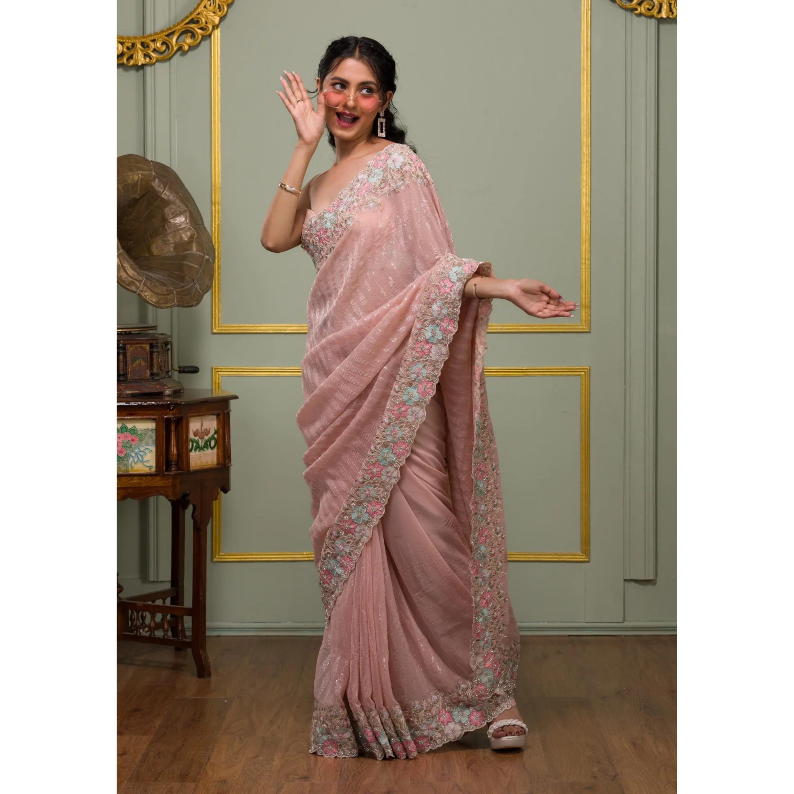 TRENDMALLS Womens Georgette Sequins Embroidery Saree with Blouse Piece (K1100-Pink)