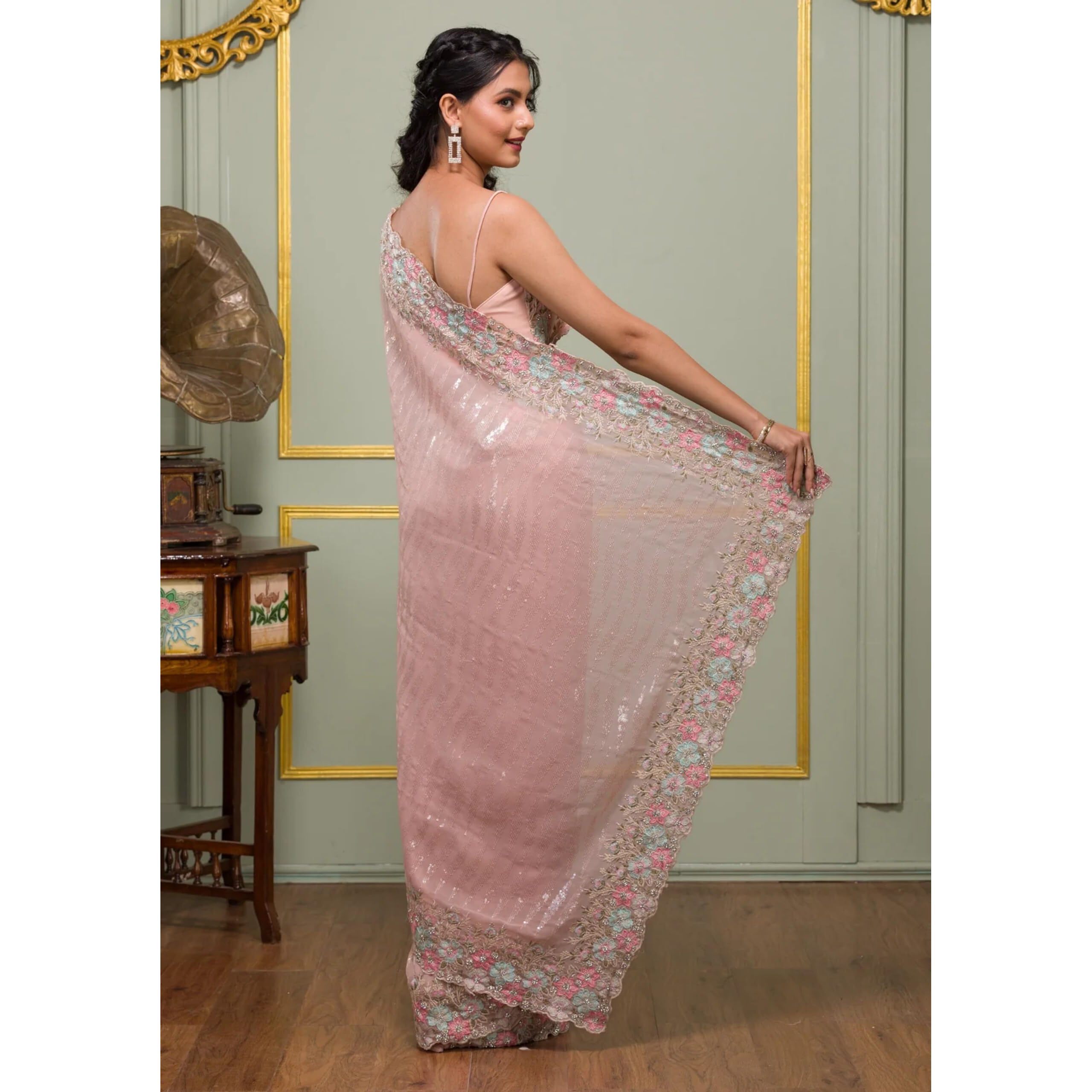 TRENDMALLS Womens Georgette Sequins Embroidery Saree with Blouse Piece (K1100-Pink)