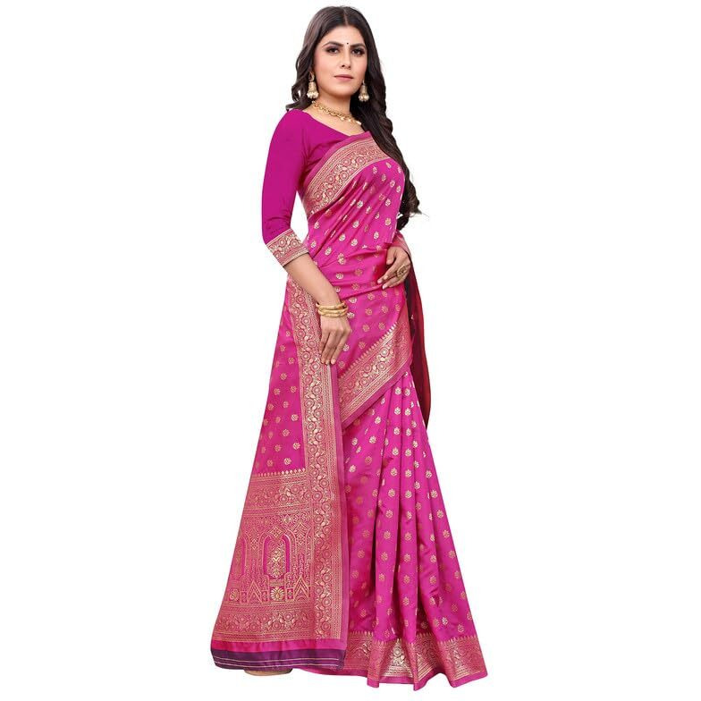 SIRIL Womens Art Silk Banarasi Jacquard Saree With Unstitched Blouse Piece (3412S154A_Rani Pink)