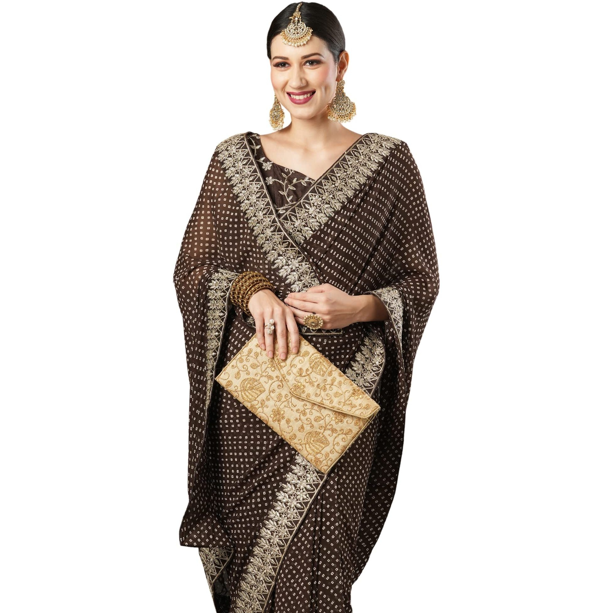 AKHILAM Womens Zari Embroidered Georgette Bandhani Saree With Unstitched Blouse Piece (Brown_BANDHNI1008)