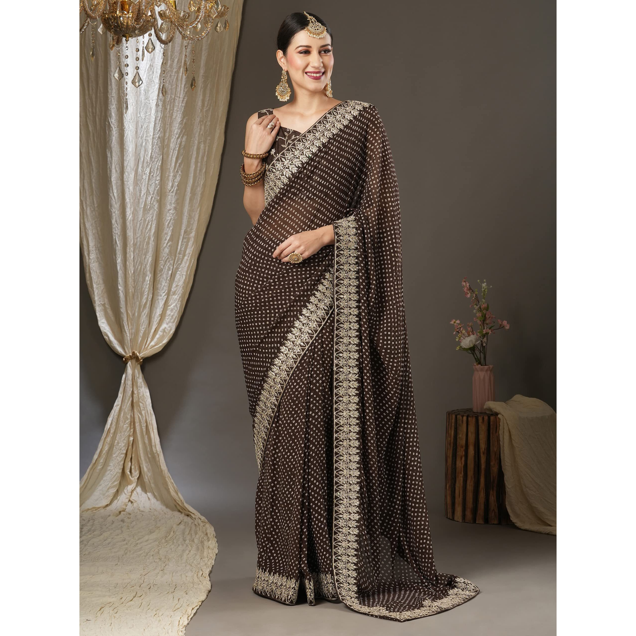 AKHILAM Womens Zari Embroidered Georgette Bandhani Saree With Unstitched Blouse Piece (Brown_BANDHNI1008)