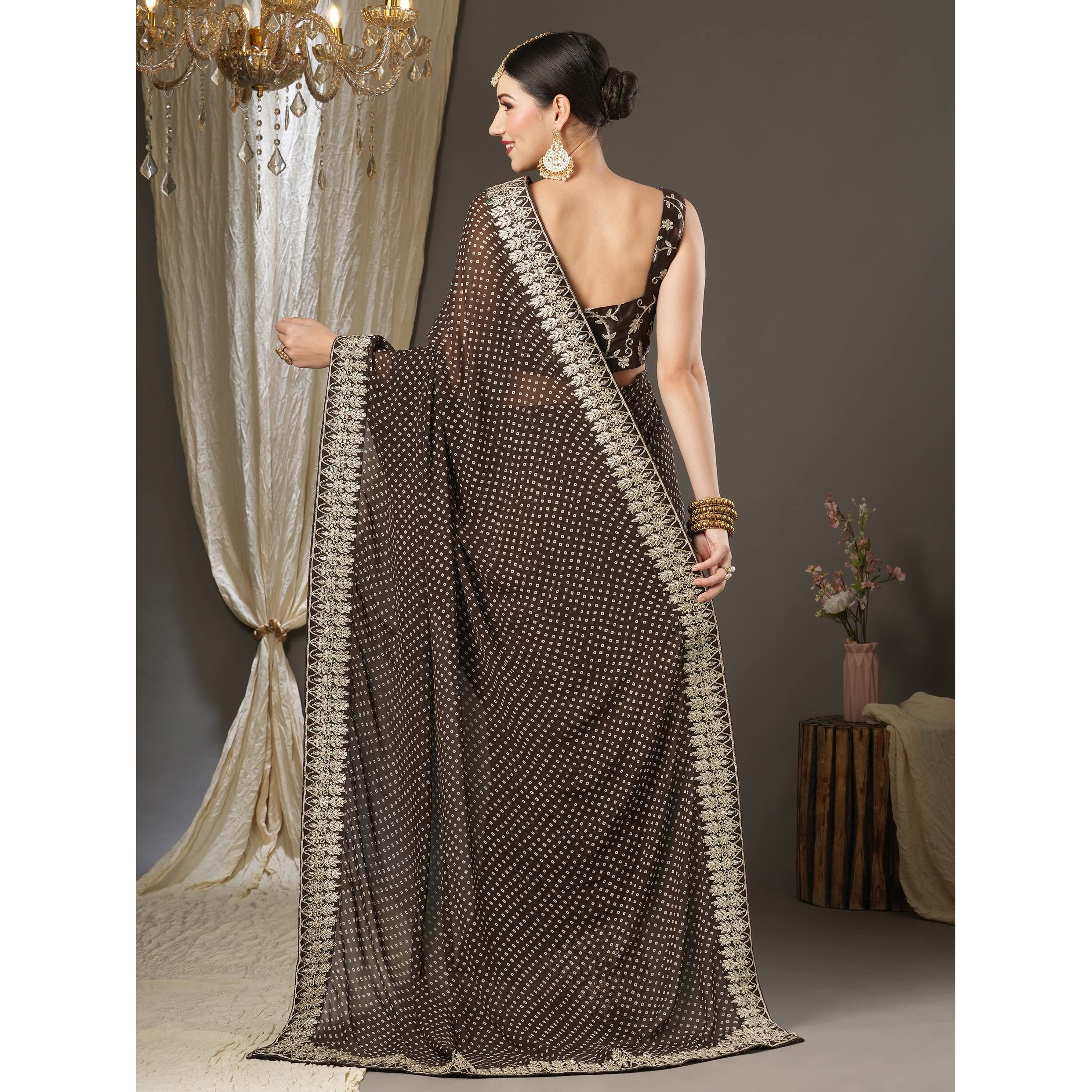 AKHILAM Womens Zari Embroidered Georgette Bandhani Saree With Unstitched Blouse Piece (Brown_BANDHNI1008)