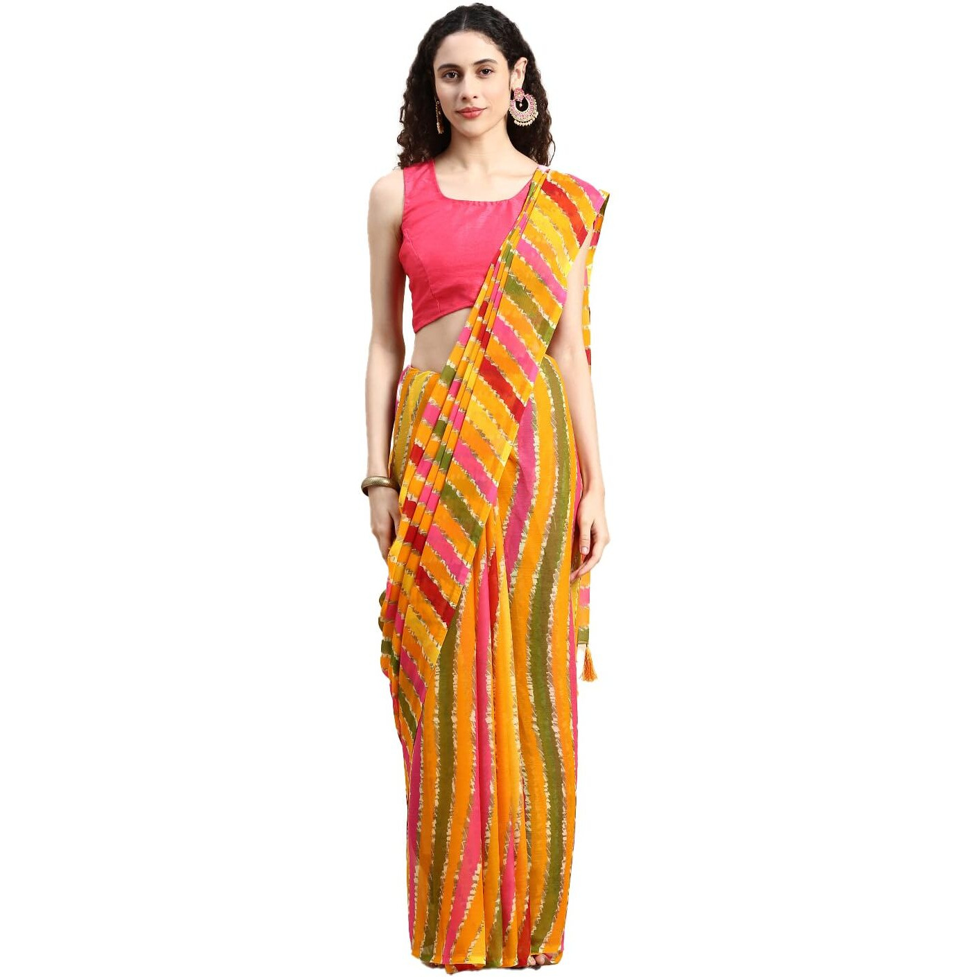 RANI SAAHIBA Womens Chiffon Lehriya Printed Saree Without Blouse (SKR11036_Gold - Multi)