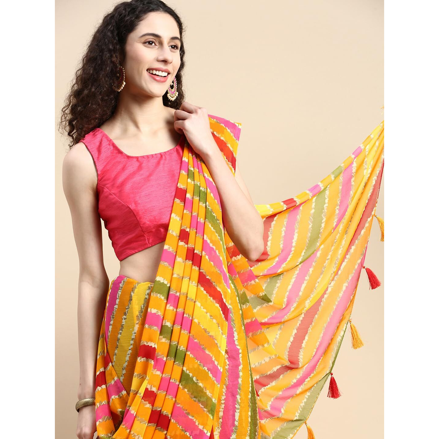 RANI SAAHIBA Womens Chiffon Lehriya Printed Saree Without Blouse (SKR11036_Gold - Multi)