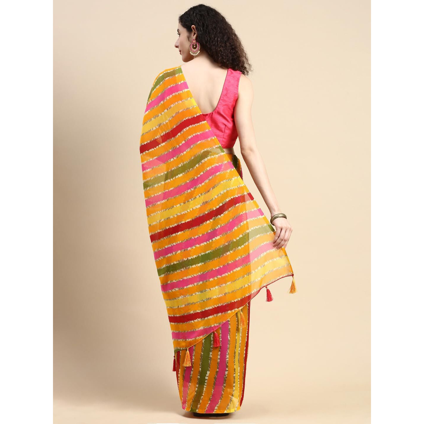 RANI SAAHIBA Womens Chiffon Lehriya Printed Saree Without Blouse (SKR11036_Gold - Multi)