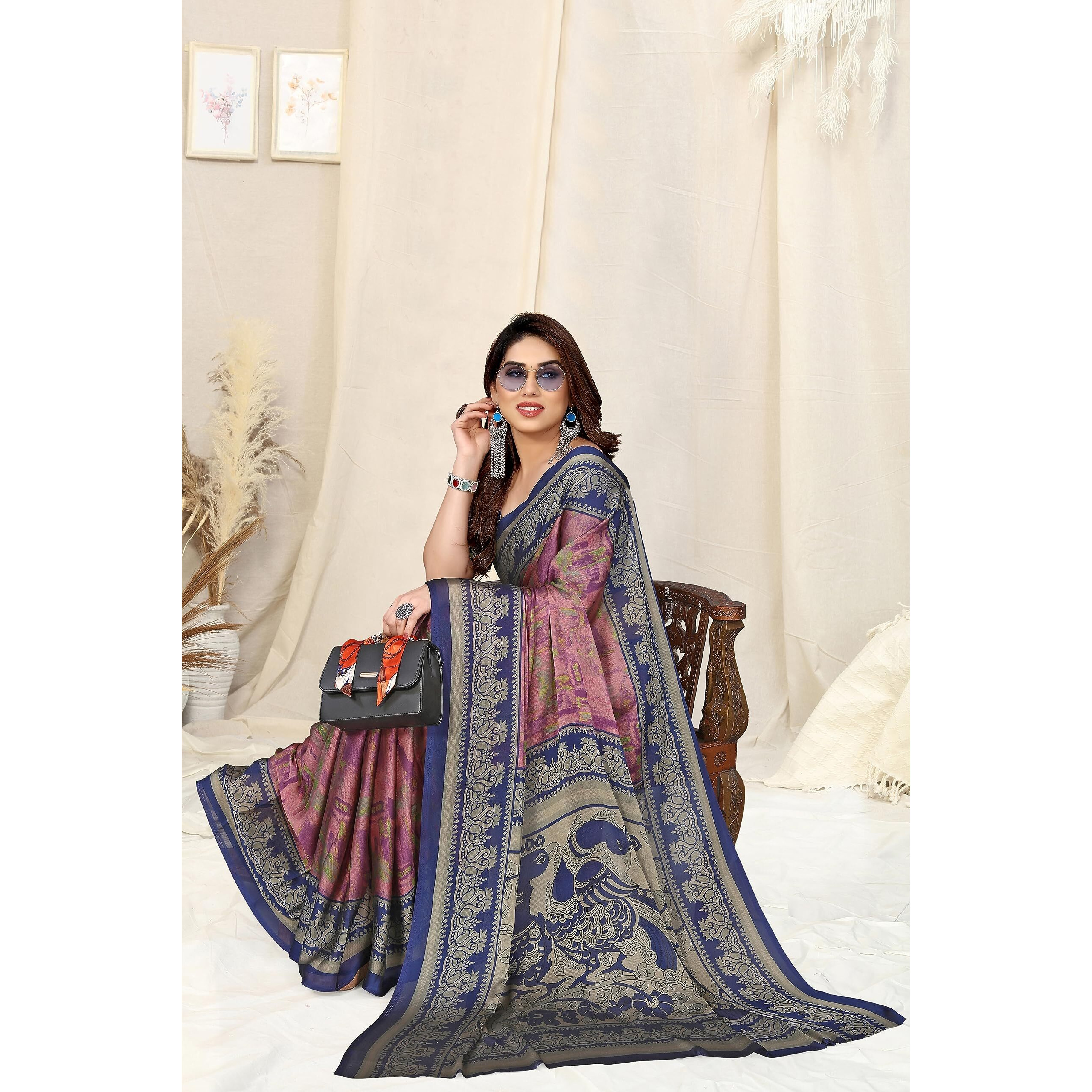 MIRCHI FASHION Womens Plain Weave Chiffon Abstract printed Saree with Blouse Piece (39043A-Pink, Blue)